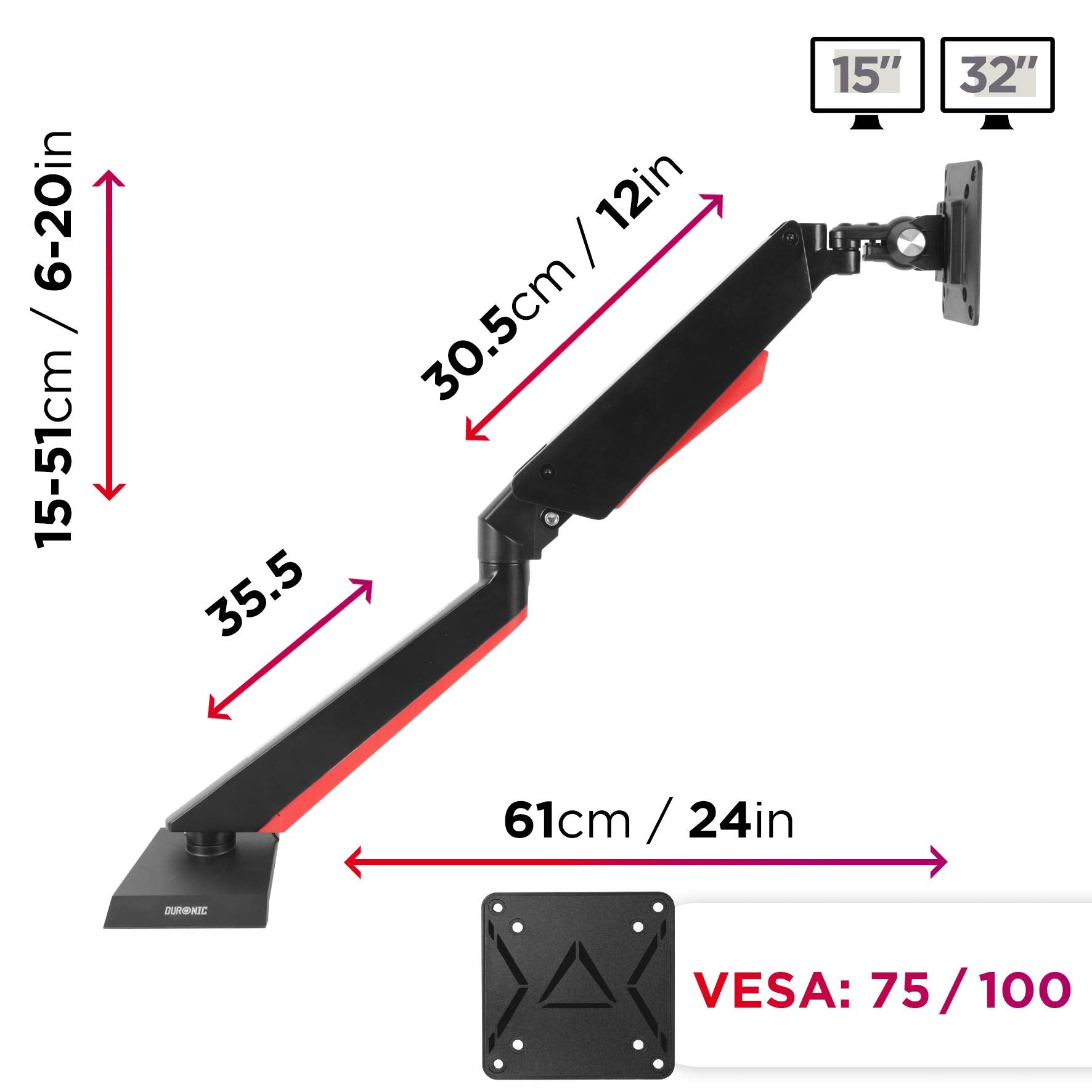 Duronic DMGM5X1 Single Monitor Arm Stand - Adjustable Height LED Desk Mount for 15-32 Inch Screens | VESA 75/100 | 8kg Capacity | 360° Rotation & Tilt | Perfect for Home Office, Gaming & Workstation Setup