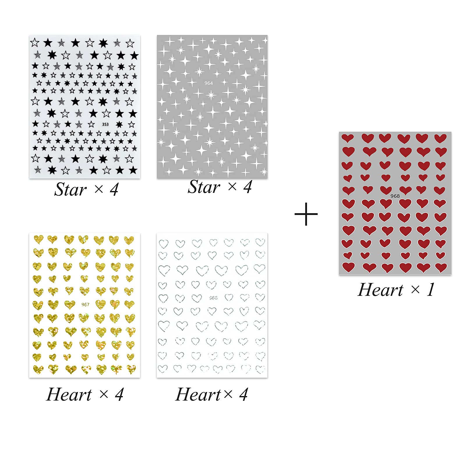 17 Large Self-Adhesive Nail Stickers - Hearts & Stars Nail Decals for Women, Girls & Kids | Perfect for Natural & Acrylic Nails | DIY Nail Art Design & Decoration | Great for Parties, Salons & Home Manicures