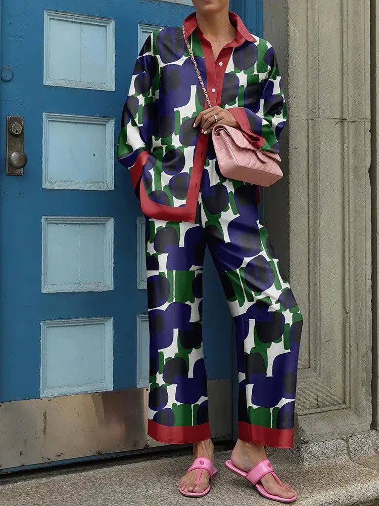 Women's Vintage Printed Loose Two-Piece Set - Long Sleeve Shirt & Wide Leg Pants for Autumn | Fashion Streetwear Outfit for Casual Wear, Office, and Date Nights