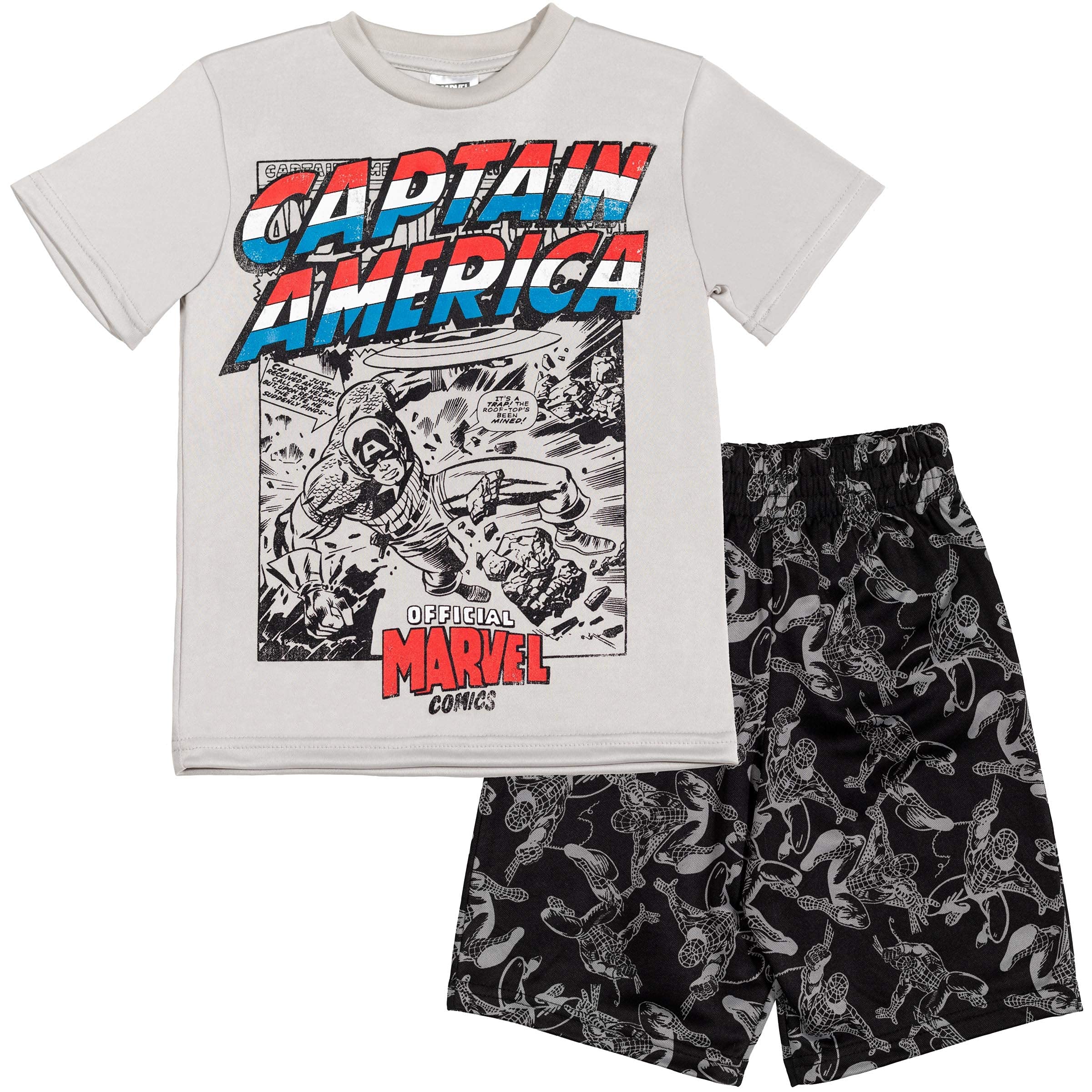 Marvel Avengers Spider-Man Captain America Boys Short Sleeve Graphic T-Shirt & Athletic Shorts Set - Superhero Costume for Kids, Birthday Gift, Cosplay & Daily Wear