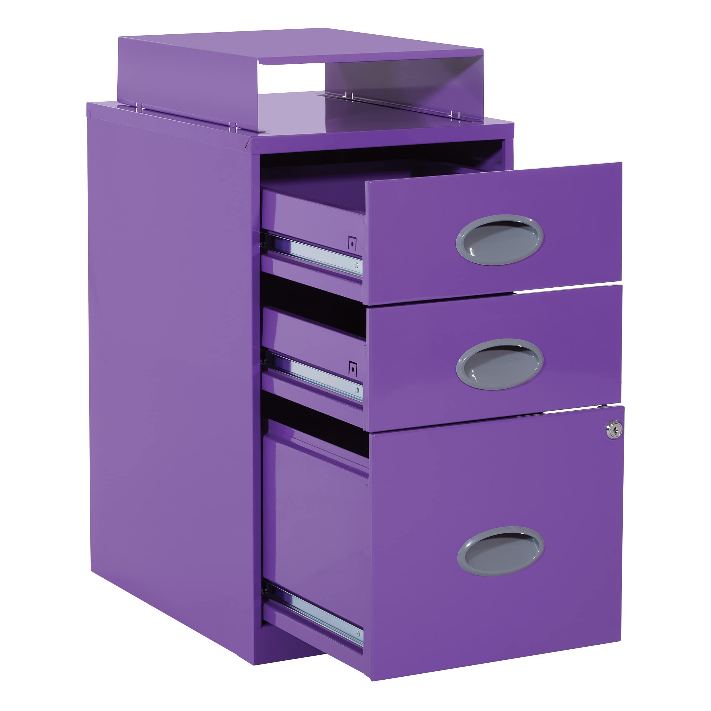 OSP Home Furnishings 3-Drawer Locking Metal File Cabinet with Top Shelf, Purple - Secure Document Storage for Office, Home & School Organization