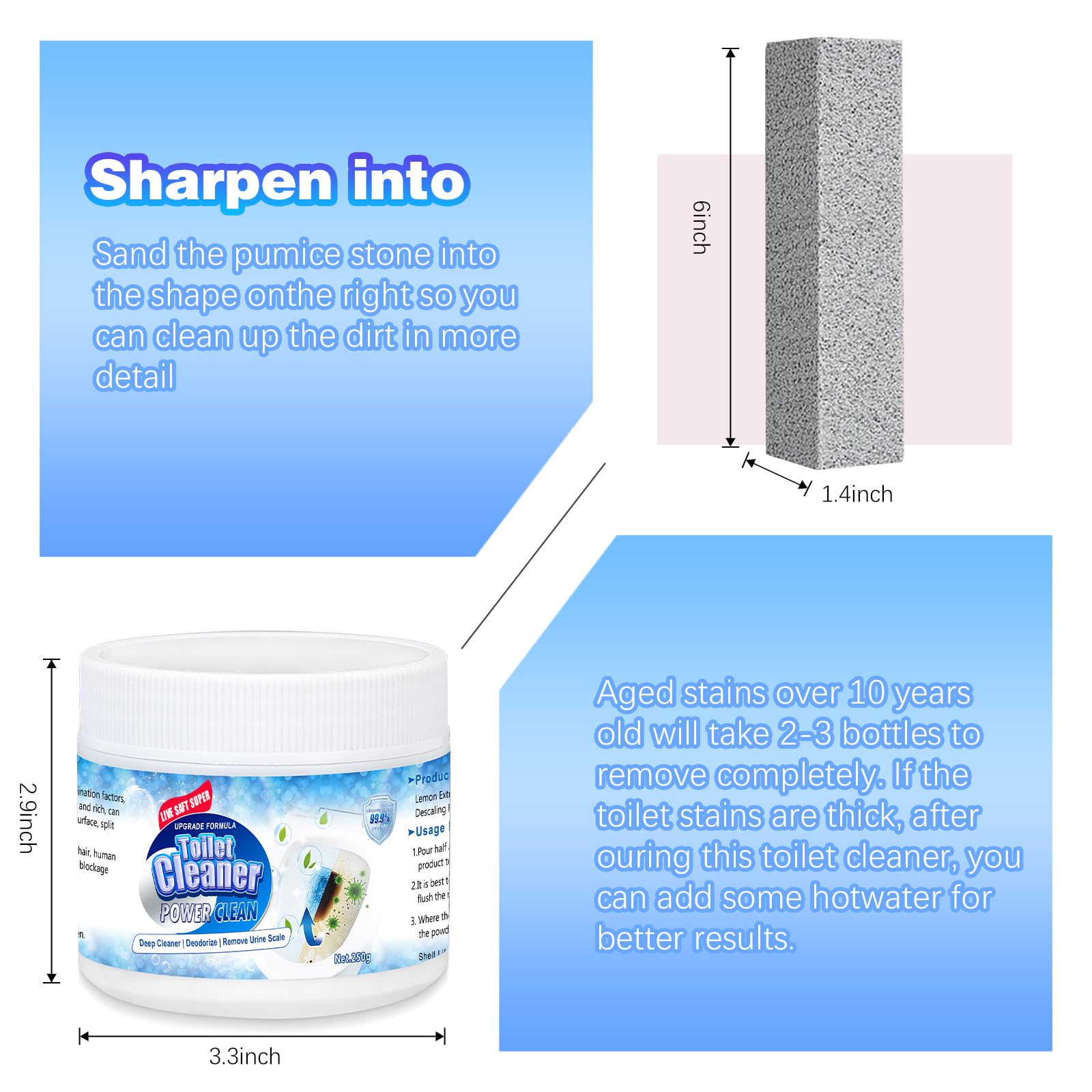 Pumice Stone Toilet Bowl Cleaner Powder - Remove Hard Water Rings & Calcium Buildup - Effective Toilet Brush for Bathroom Cleaning - Ideal for Stubborn Stains in Toilets, Sinks & Tubs