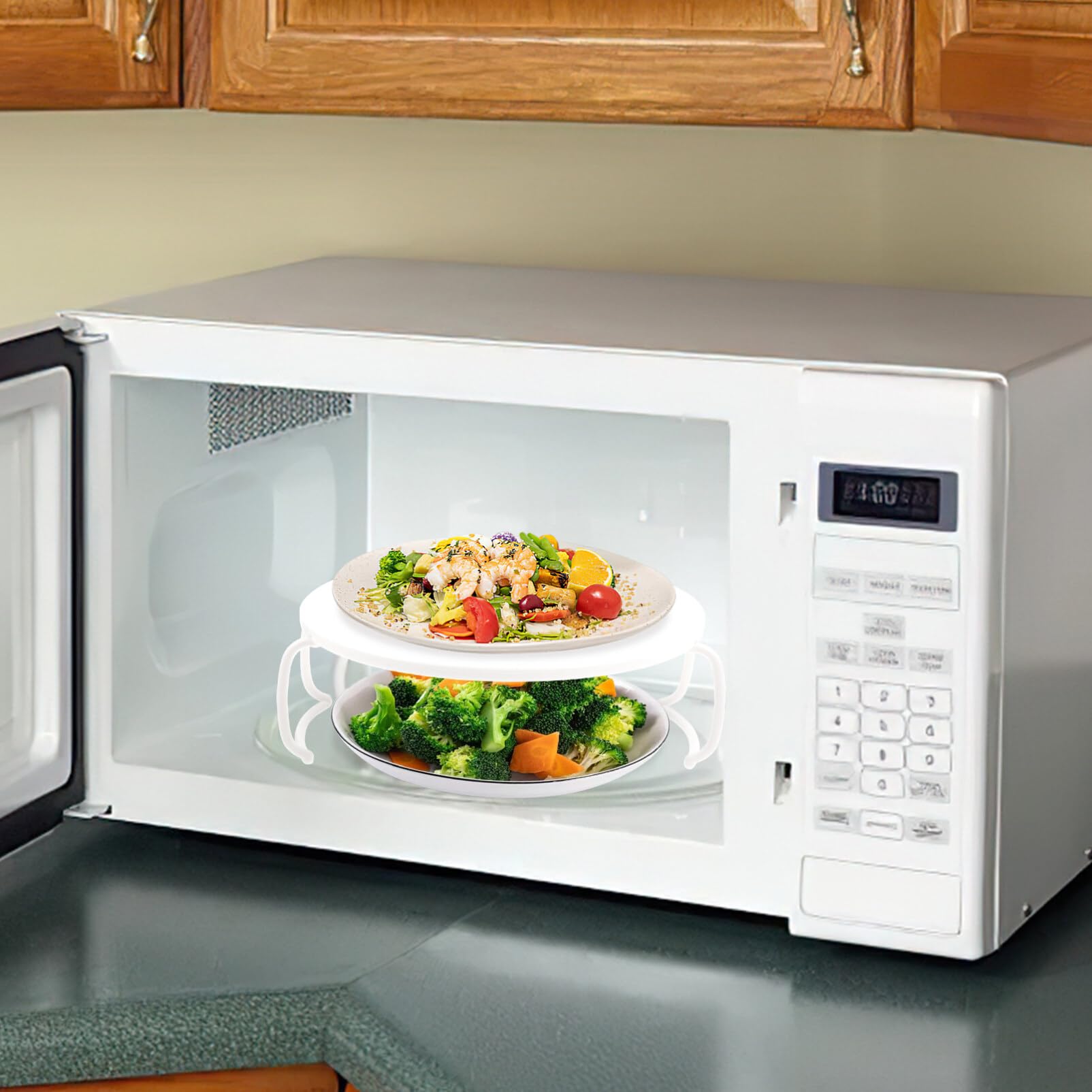 Cabilock 2-Piece Microwave Plate Stacker & Food Tray - Multi-Layer Microwave Safe Heating Rack for Vegetables, Dinner Plates & Food Display - Perfect for Meal Prep, Reheating & Serving Dishes Simultaneously