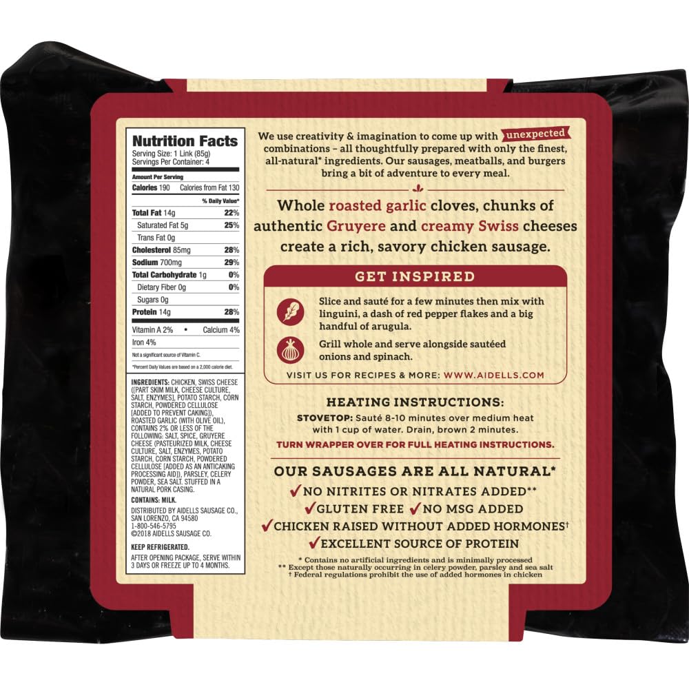 Aidells Smoked Chicken Sausage with Roasted Garlic & Gruyere Cheese - 12 Oz (4 Fully Cooked Links) | Premium Gourmet Sausage for Grilling, Breakfast, Sandwiches & Charcuterie Boards