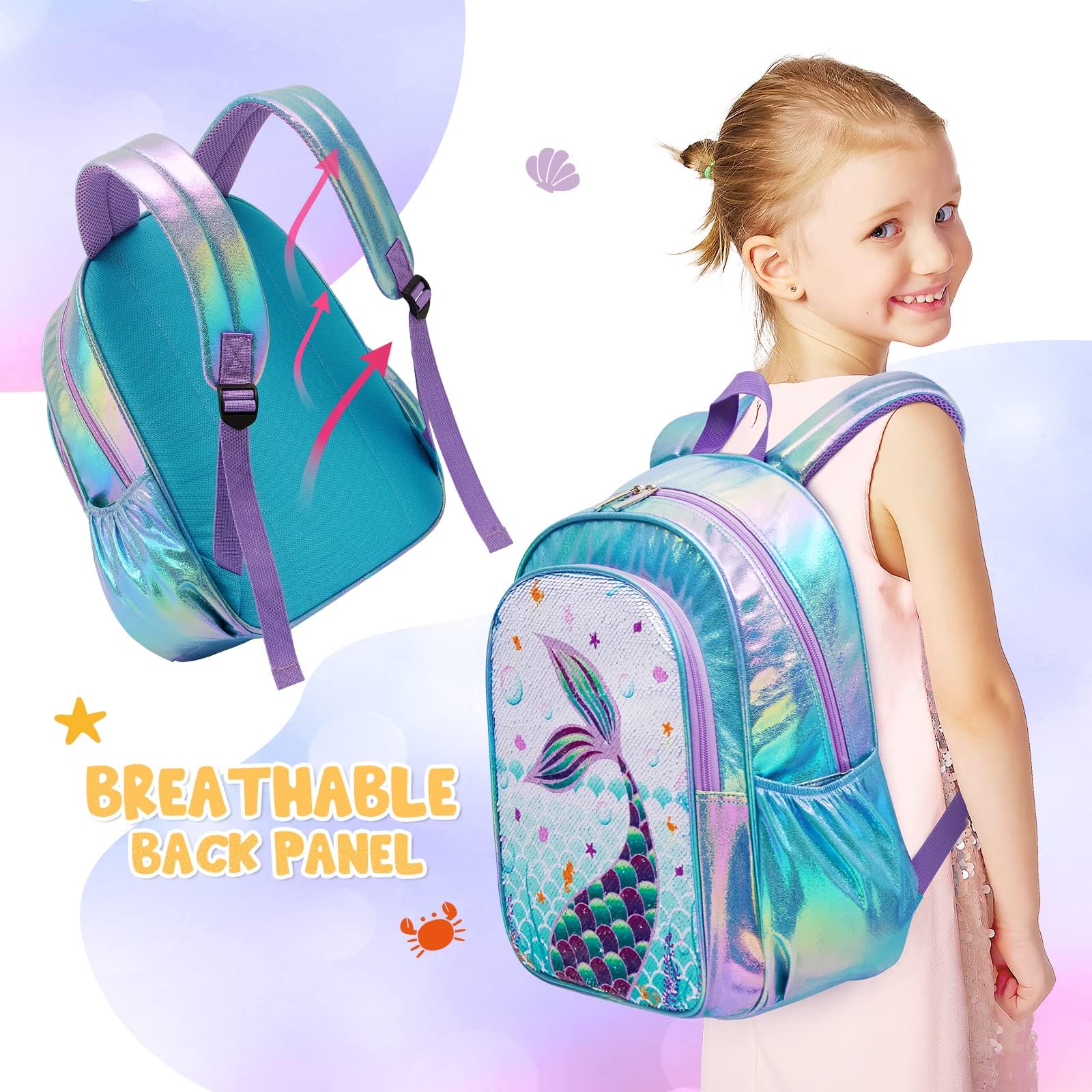 WAWSAM Glitter Mermaid Backpack Set - Sparkly 15