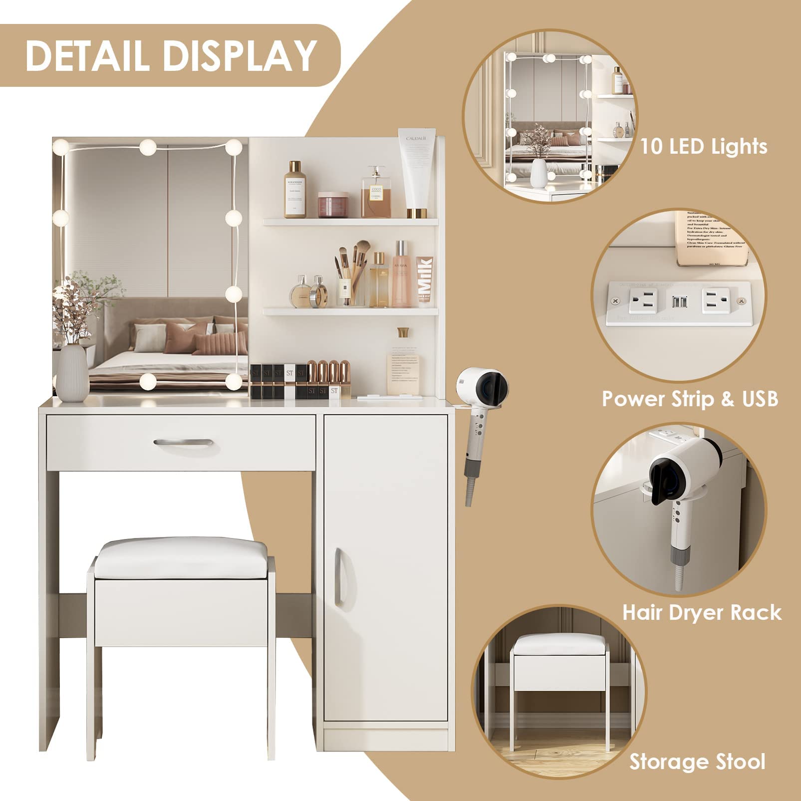Lighted Makeup Vanity Desk with Mirror & Power Outlet - 35