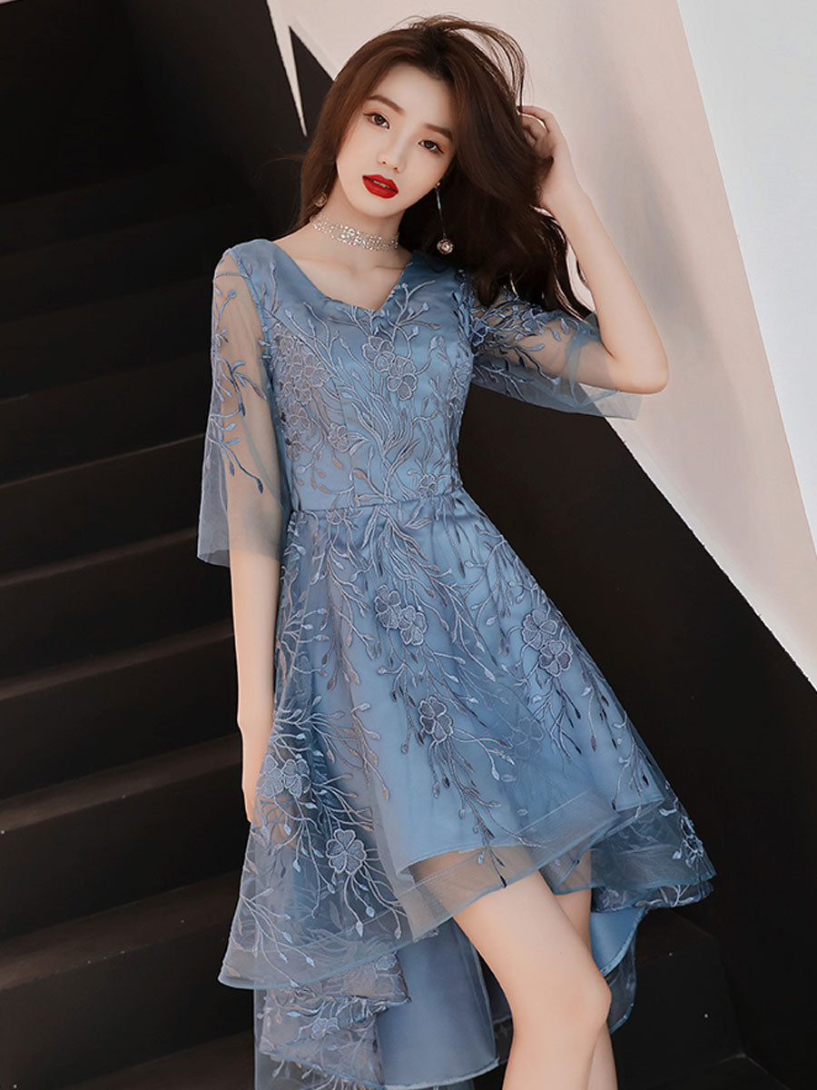 Elegant Blue V-Neck Tulle Lace Prom Dress with High Neckline - Perfect for Homecoming, Formal Dances & Special Occasions