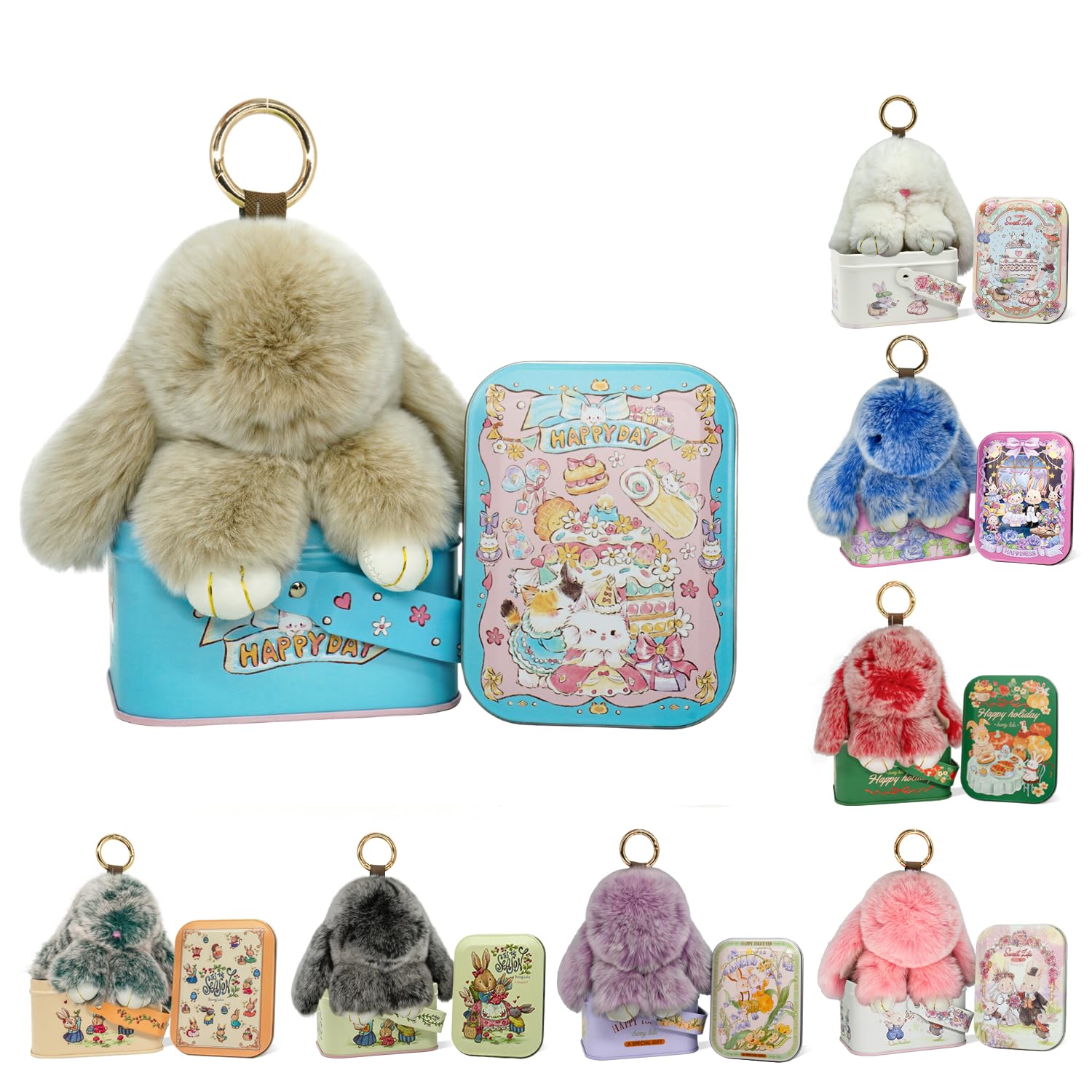 Original Bunnylulu Handmade Soft Bunny PomPom Keychain with Tin - Cute Plush Bunny Keychain for Bags, Gifts & Holidays (Perfect Christmas Present)
