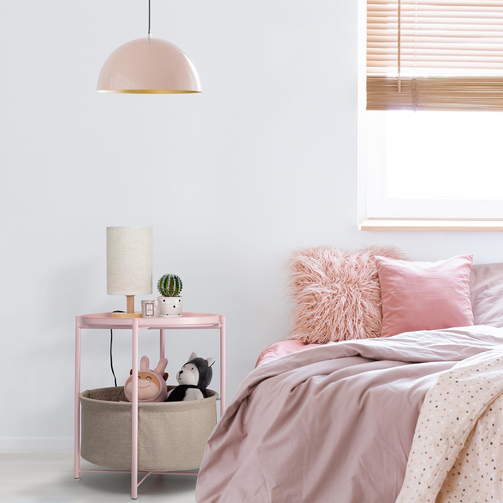 Round Side Table with Fabric Storage Basket - Small Metal Bedside Nightstand with Removable Tray Top - Perfect for Living Room, Bedroom, Nursery & Laundry - Light Pink Home Decor Accent Table