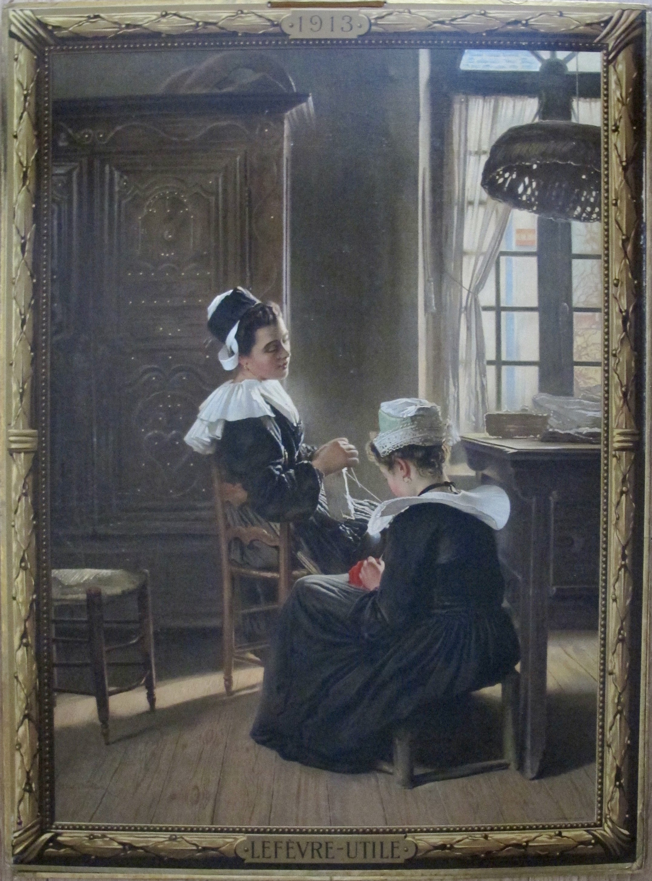1913 Original French Advertising Carton - Lefevre Utile Biscuits Antique Collectible with Pair of Women Lace Making - Perfect for Vintage Home Decor & Historical Display