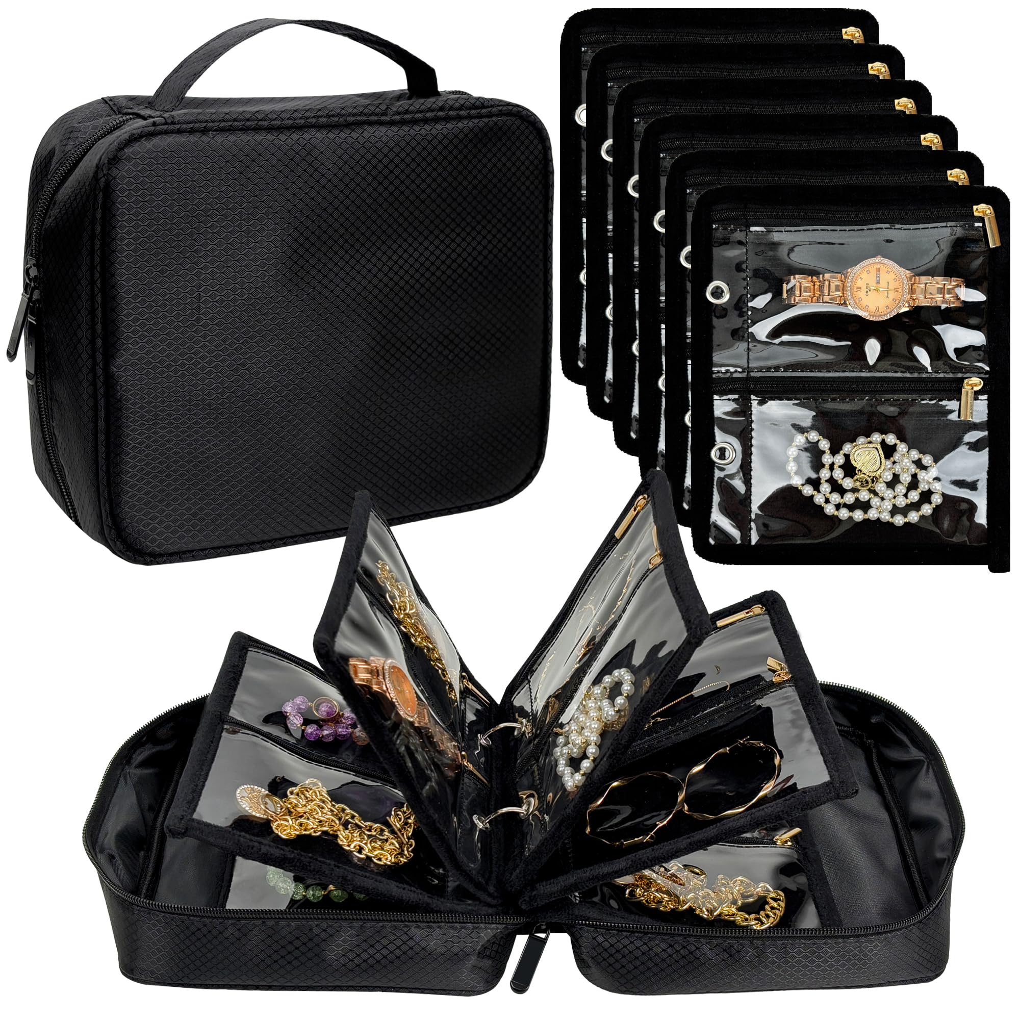 Travel Jewelry Organizer Case - 24 Pcs Clear Zipper Velvet Pouches for Earrings, Rings, Necklace, Bracelet & Watch Storage | Compact Jewelry Binder for Traveling & Organization (Black) - Perfect for Vacations, Business Trips & Daily Use