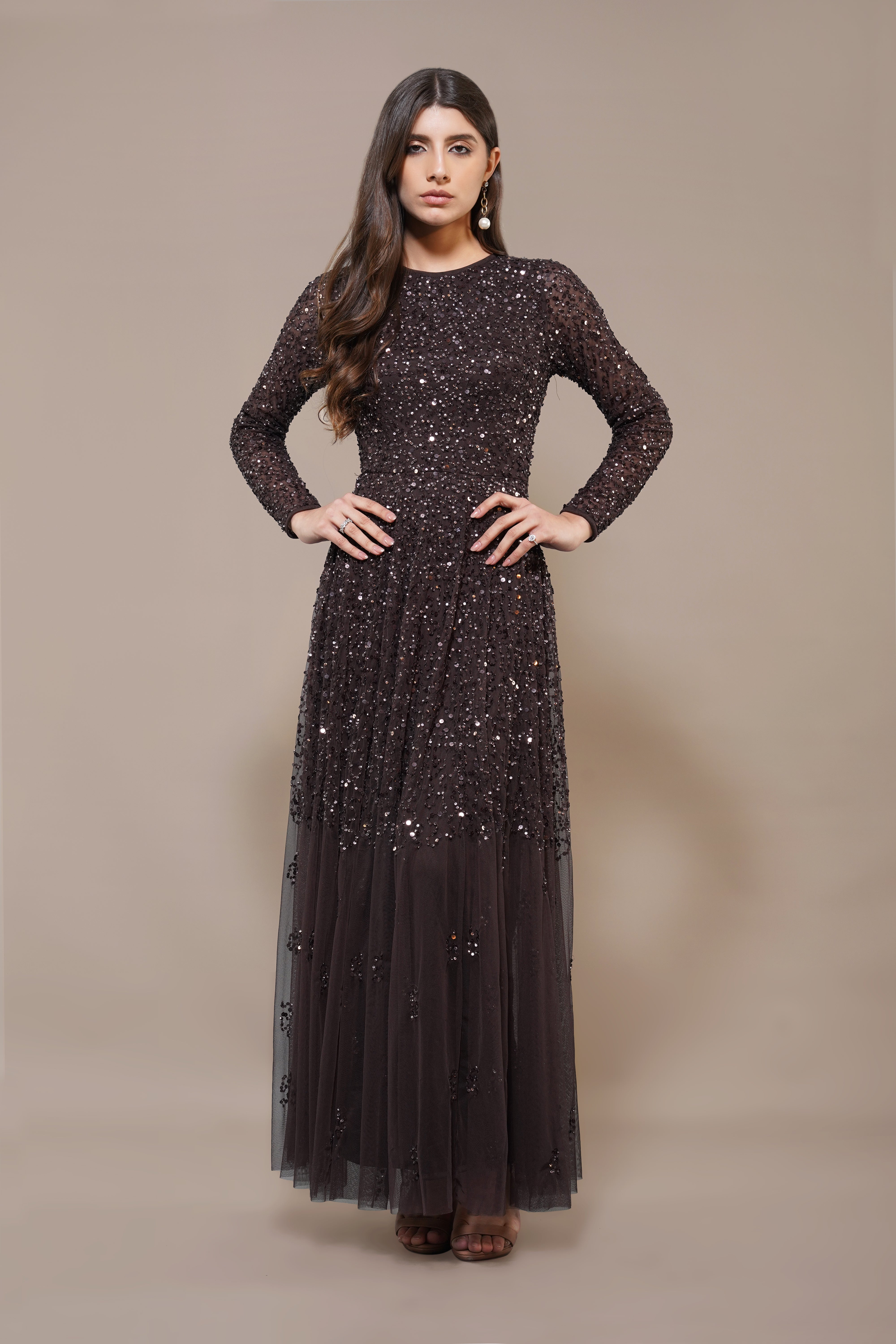 Elegant Coffee Brown Embellished Long Sleeve Maxi Dress for Women - Perfect for Weddings, Parties & Evening Events