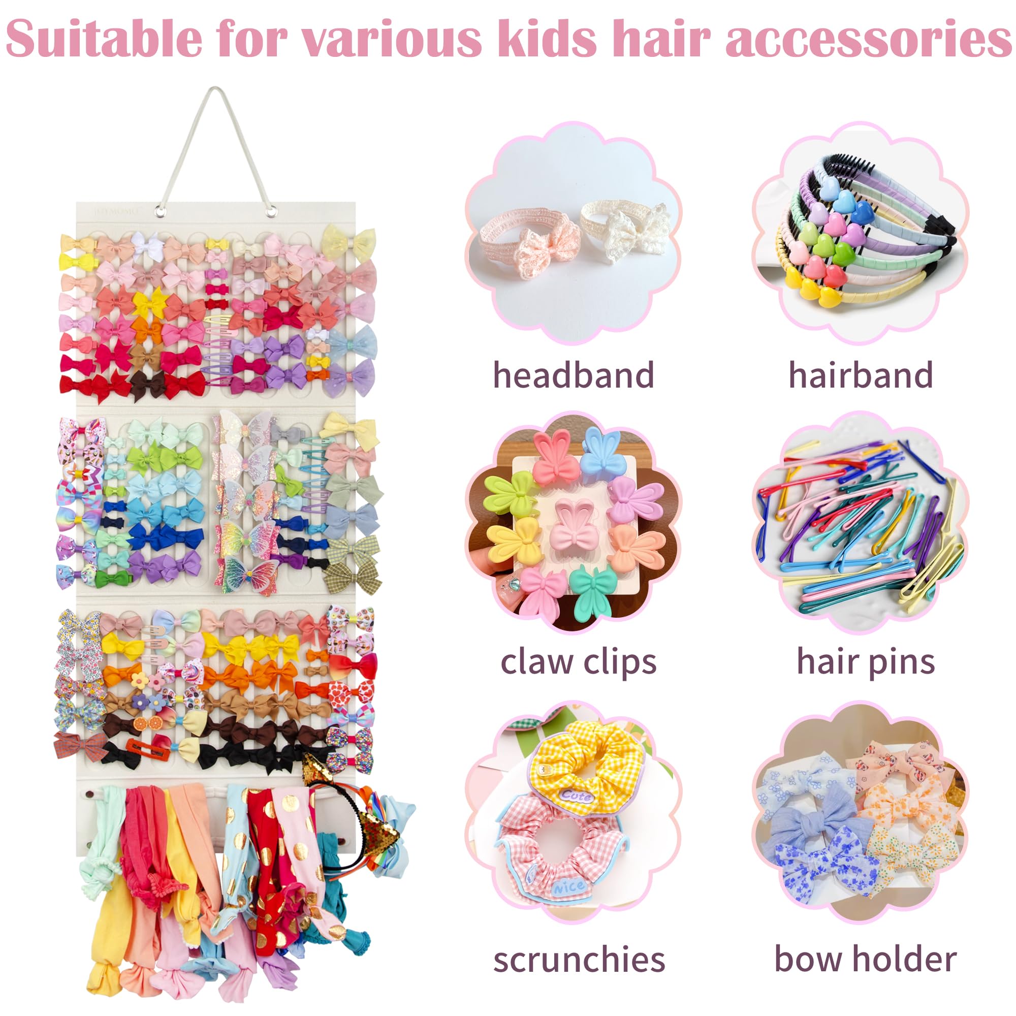Girls Bow Holder Organizer - Hanging Hair Accessories Storage for Headbands, Hair Clips, Hair Ties, Scrunchies (Beige) | Perfect for Bedroom, Bathroom & Closet Organization