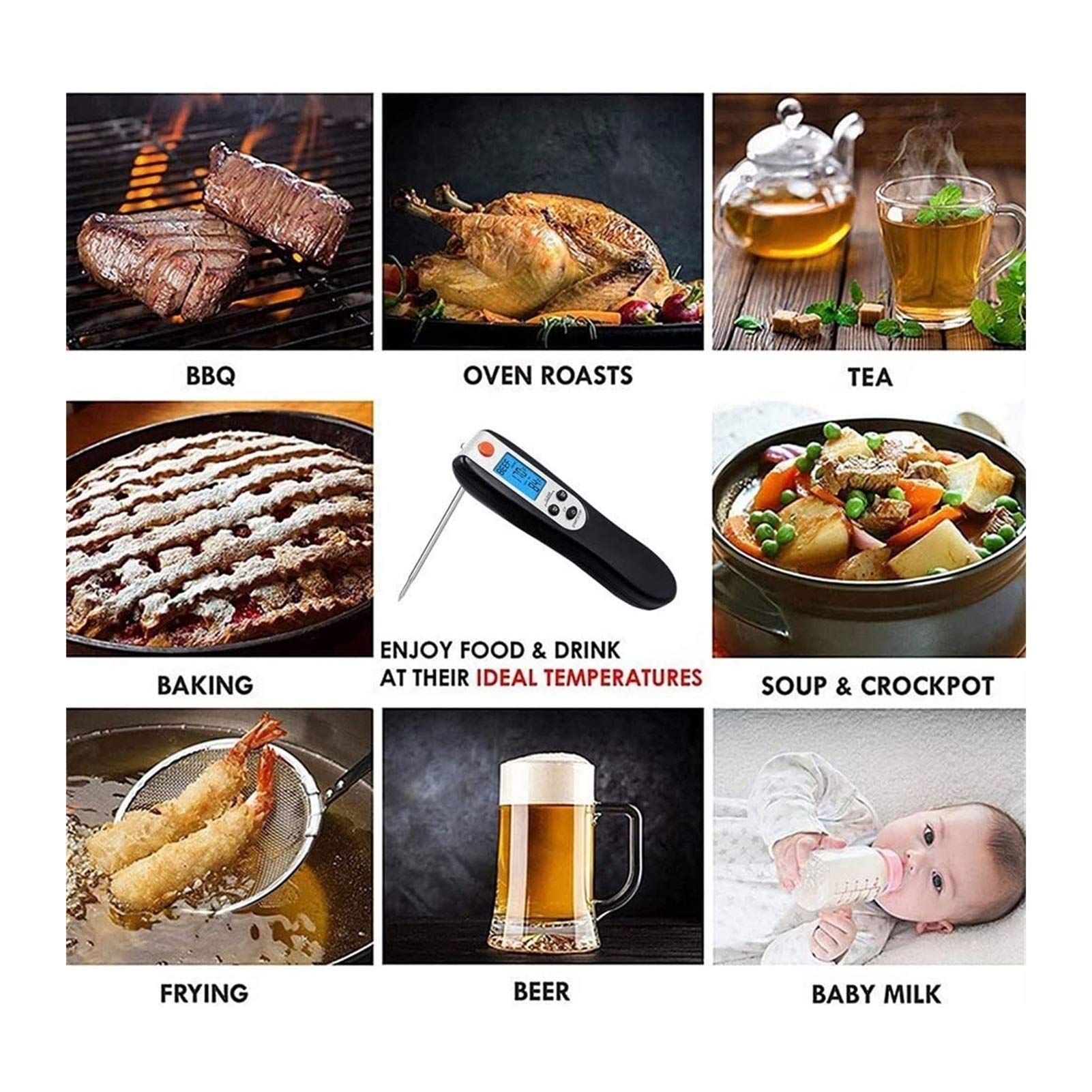 Digital Meat Thermometer with Touchscreen - Instant Read Food Thermometer for Grilling, Smoking, BBQ, Oven & Frying Pan - Backlit LCD Display with Timer & Temperature Modes | Perfect for Cooking Steak, Chicken, Fish & Baking