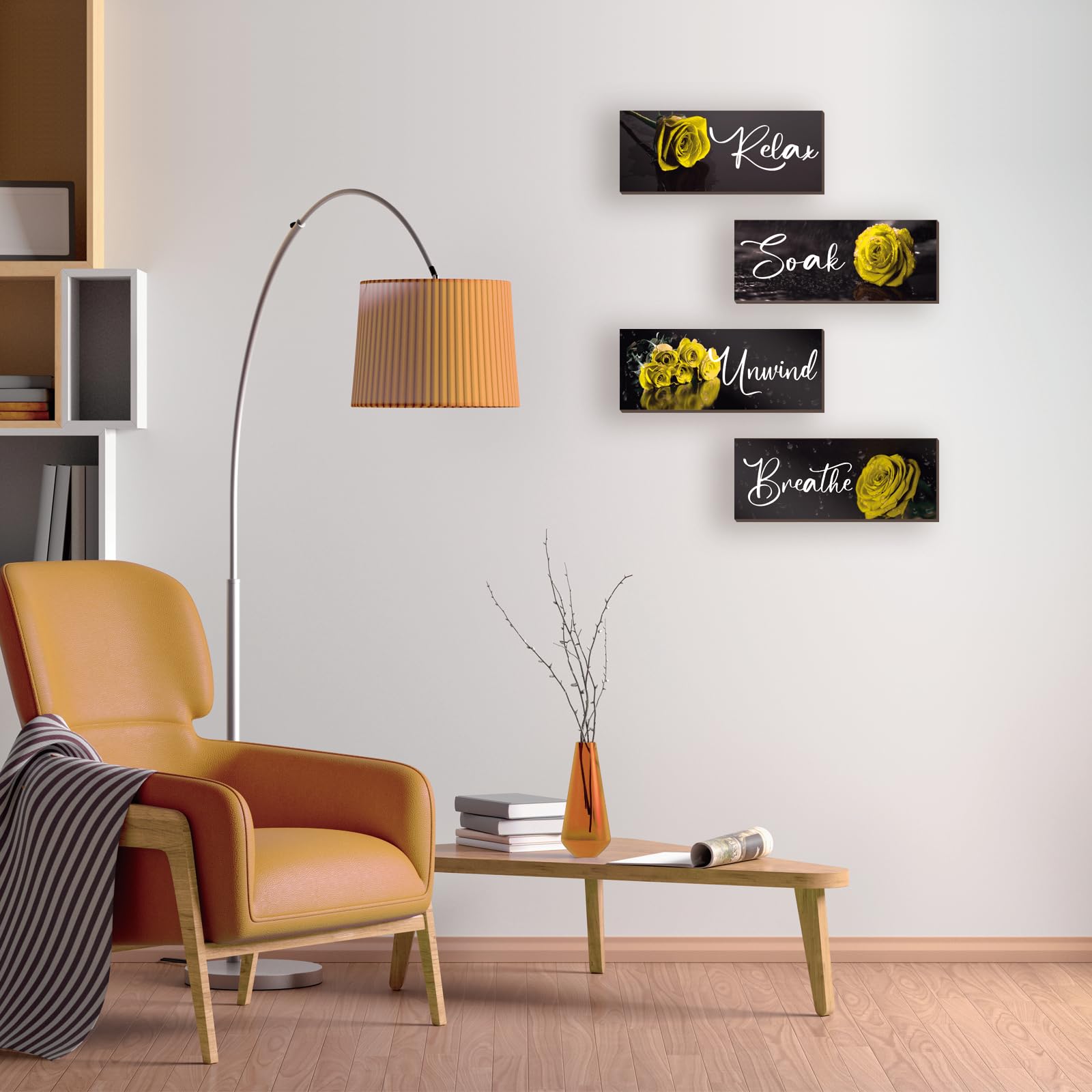 4Pcs Yellow Rose Wall Decor - Wooden Bathroom Accessories Set with 