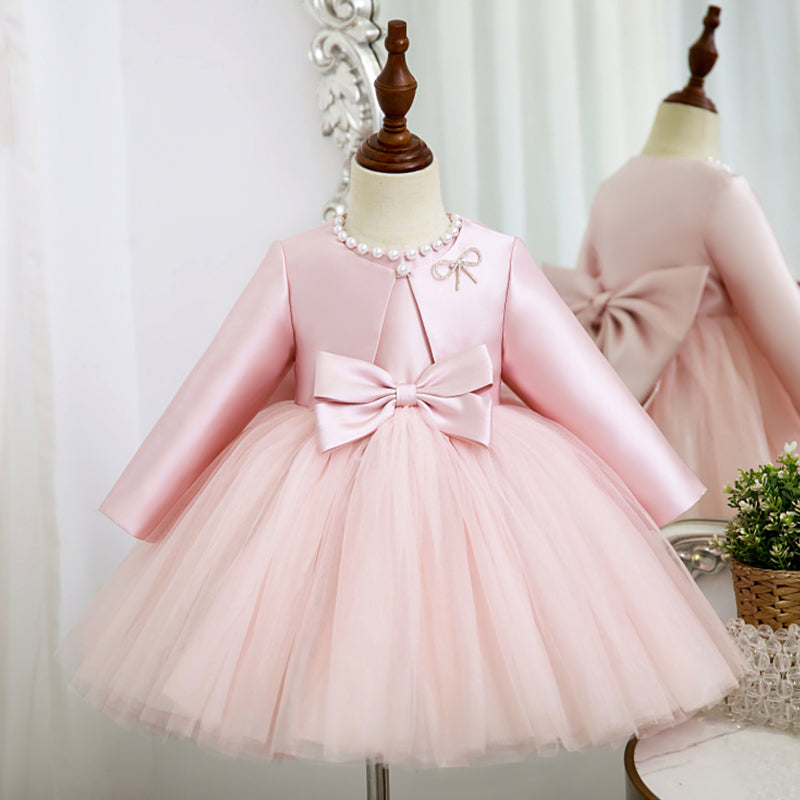 Elegant Satin & Tulle A-Line Flower Girl Dress with Beaded Bow - Perfect for Weddings, Pageants & Special Occasions