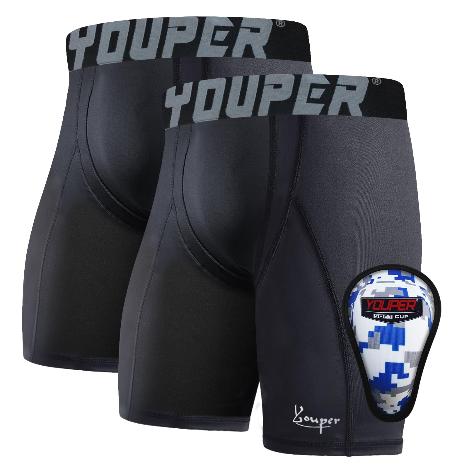 Youper Youth Boys Compression Sliding Shorts with Soft Protective Cup - Baseball Football Hockey Underwear (2-Pack) - Perfect for Sports Training, Games & Active Play