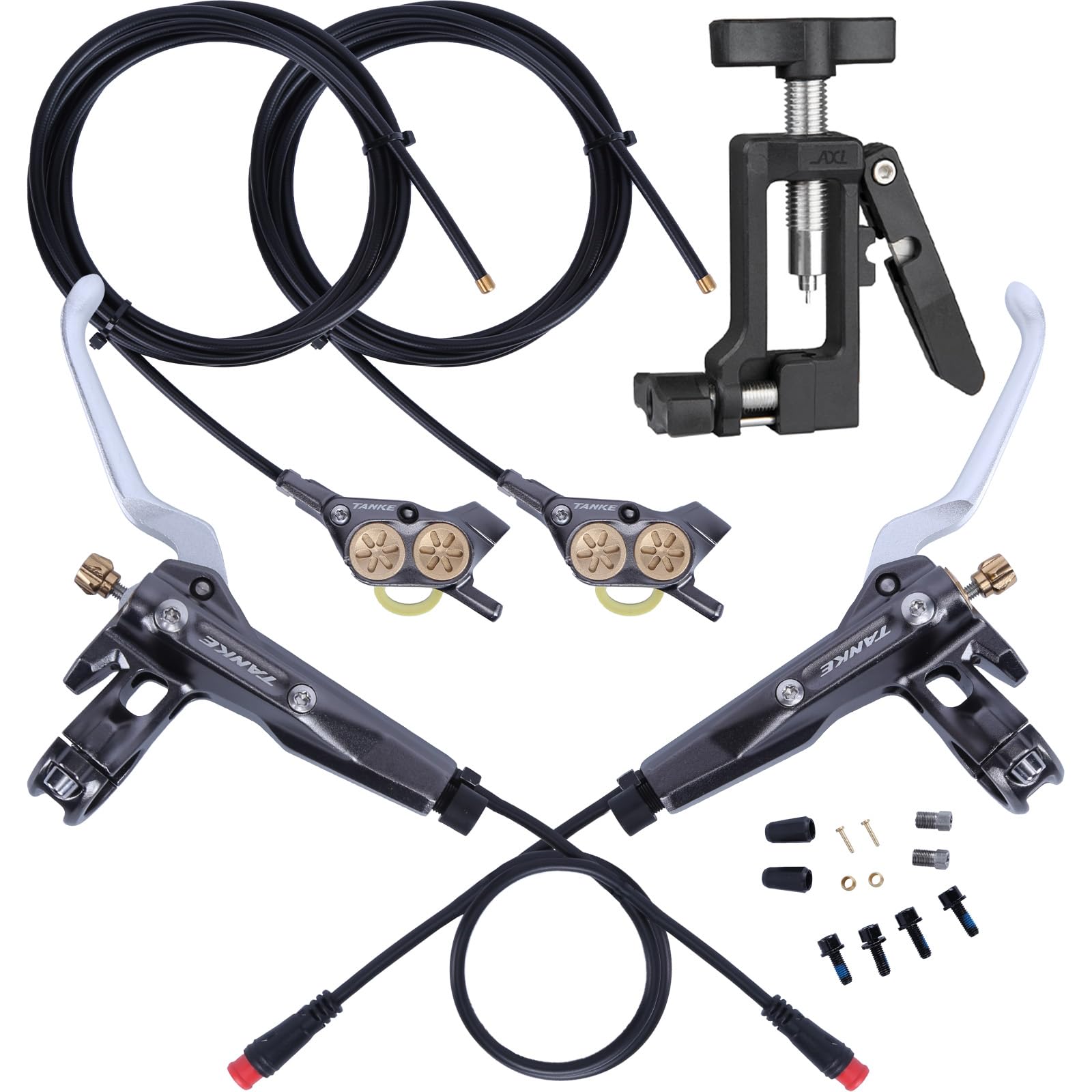 JFOYH 4-Piston Hydraulic Disc Brake Set for Electric Bikes - Includes Brake Tool Kit & EMTB Power-Off Sensor with 2-PIN Waterproof Connector - Pre-Bled with Mineral Oil - Perfect for Mountain Biking, Commuting & Off-Road Adventures