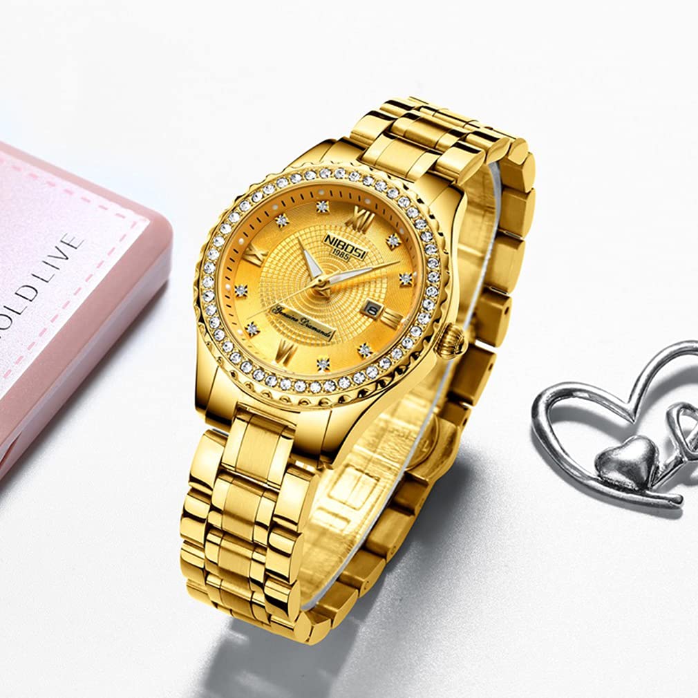 Luxury NIBOSI Women's Watches - Diamond Accent Gold & Silver Stainless Steel Analog Quartz Dress Watch with Luminous Hands, Waterproof, Day/Date Display - Perfect Gift for Wife, Mother, Daughter - Ideal for Office, Party, Wedding & Everyday Wear