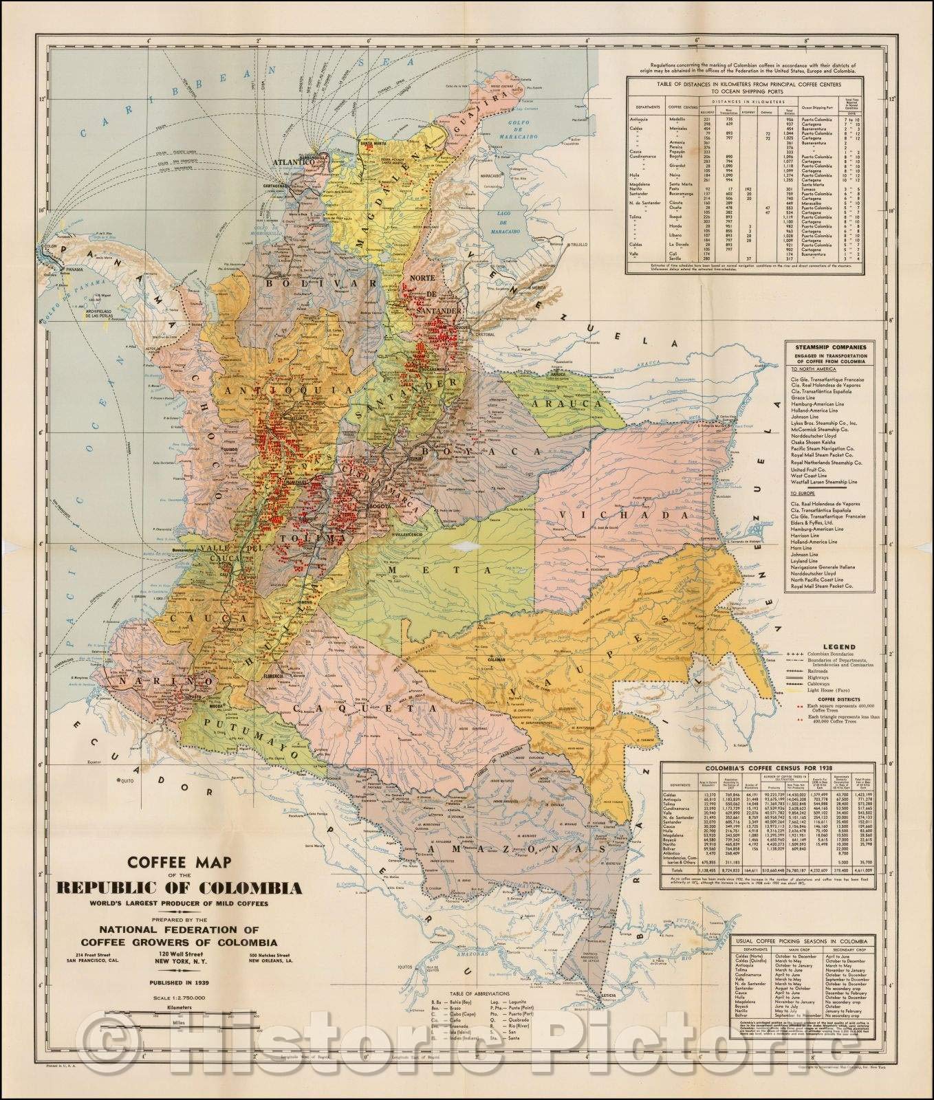 Vintage 1938 Coffee Map of Colombia - World's Largest Producer of Mild Coffees | 37x44 Inch Historical Wall Art | Home Office Decor, Coffee Shop Display, Gift for Coffee Lovers