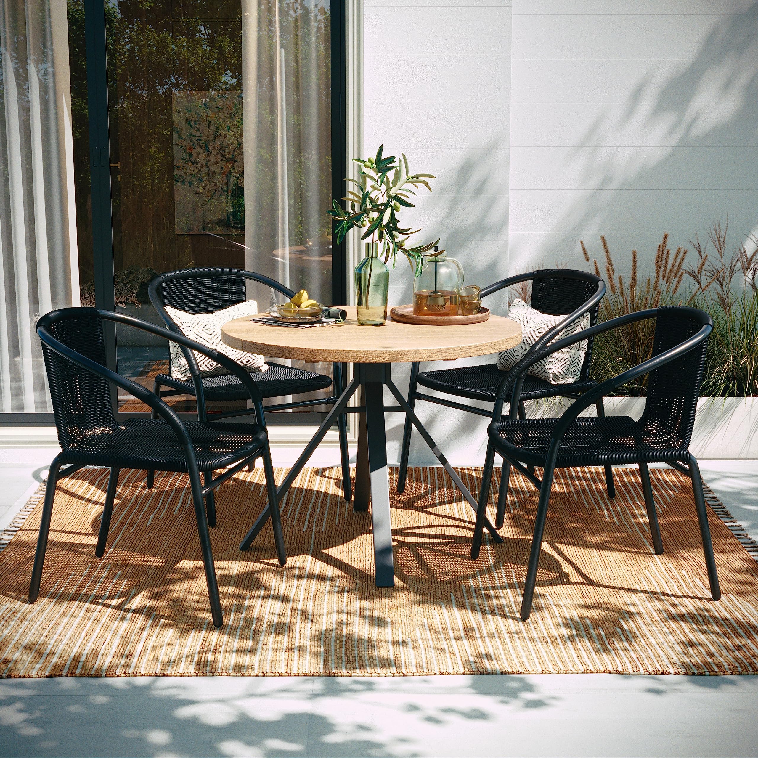 Flash Furniture Lila Modern Rattan Stackable Dining Chairs - Indoor/Outdoor Use - Set of 4 Black Bistro Chairs for Patio, Restaurant, Cafe or Garden Dining - Weather-Resistant & Space-Saving Design