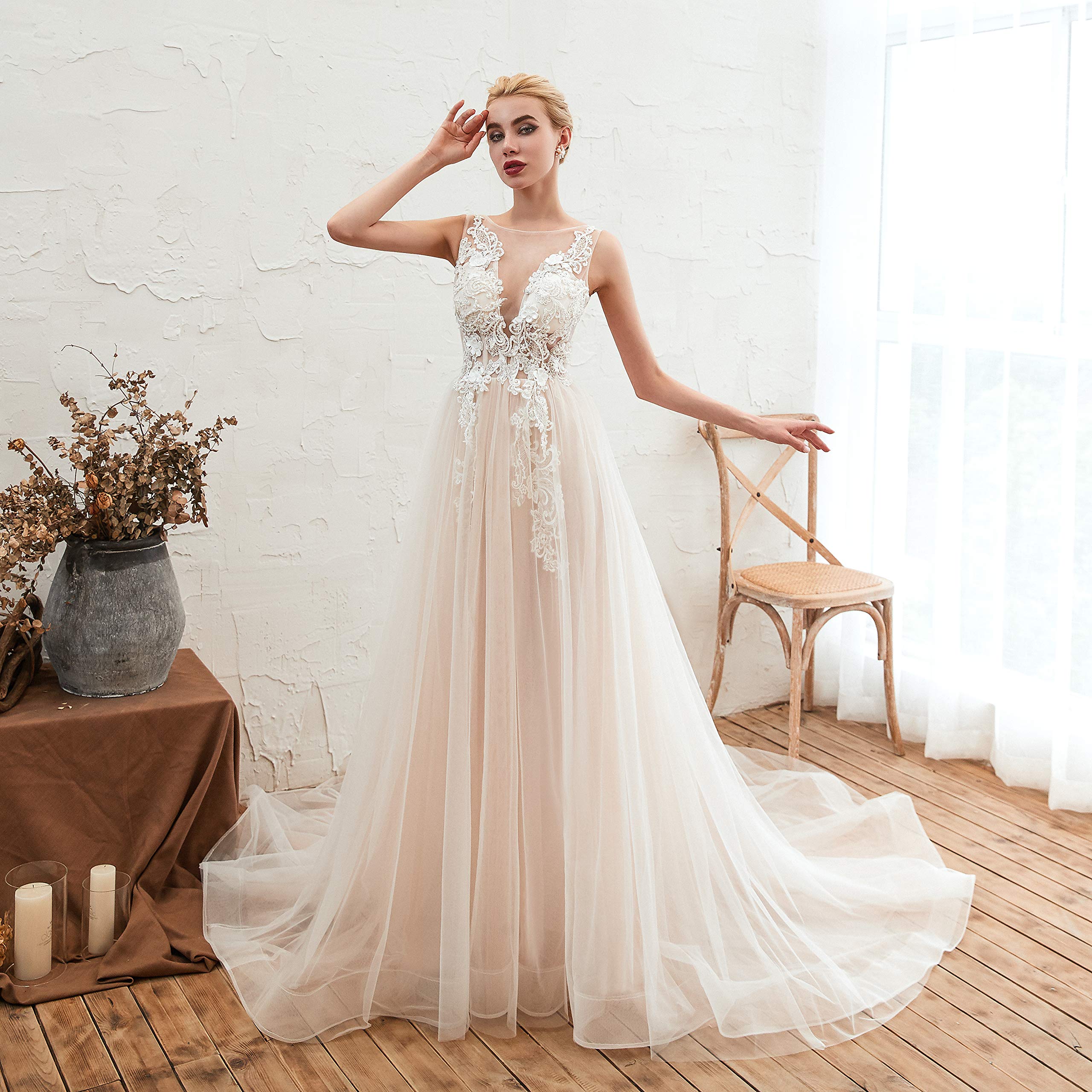Elegant Illusion Lace A-Line Prom Wedding Dress for Women - Perfect for Beach Weddings, Formal Events & Special Occasions