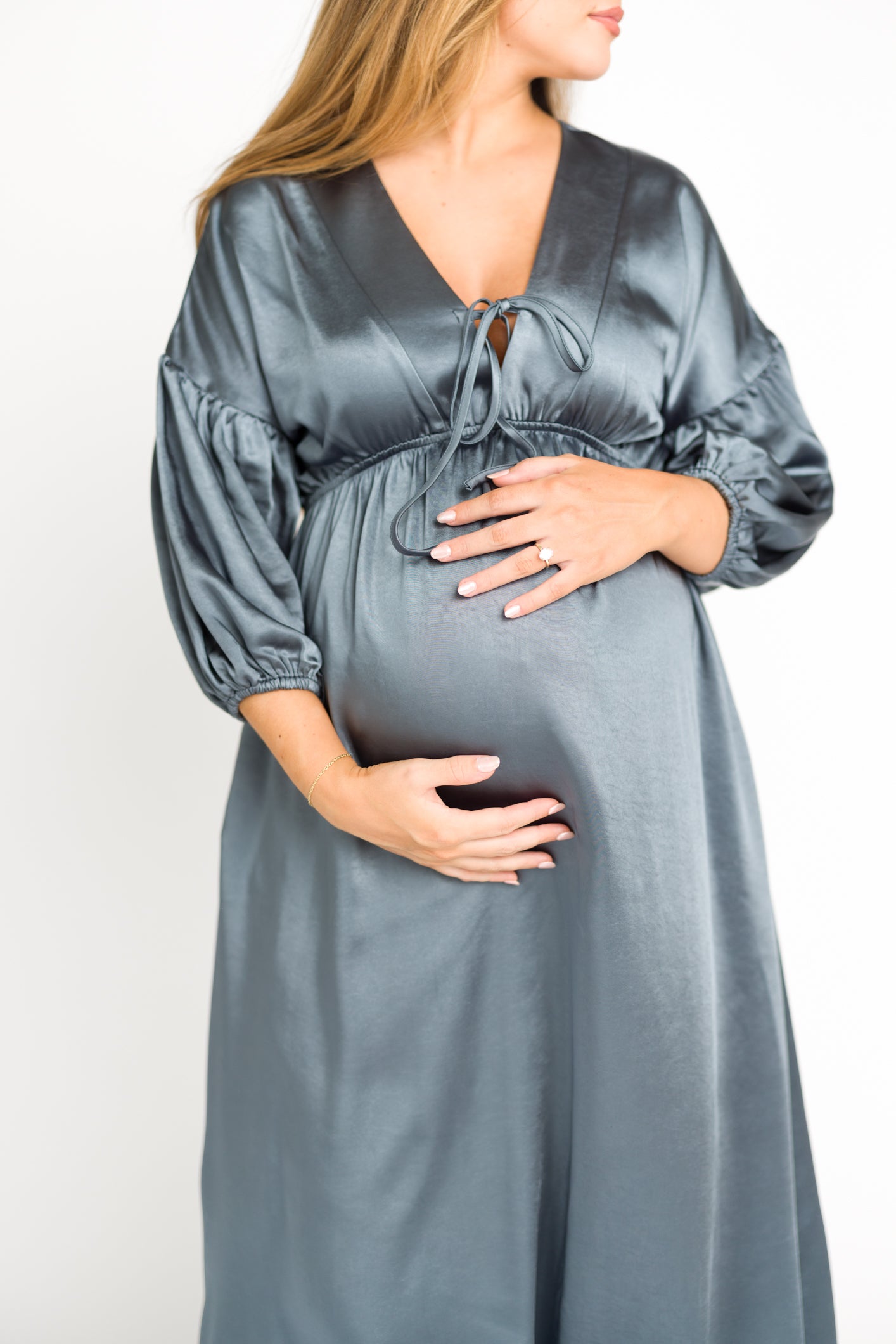Hunter Premium Satin Midi Dress in Blue Granite - Bump Friendly Maternity Dress for Special Occasions & Evening Events
