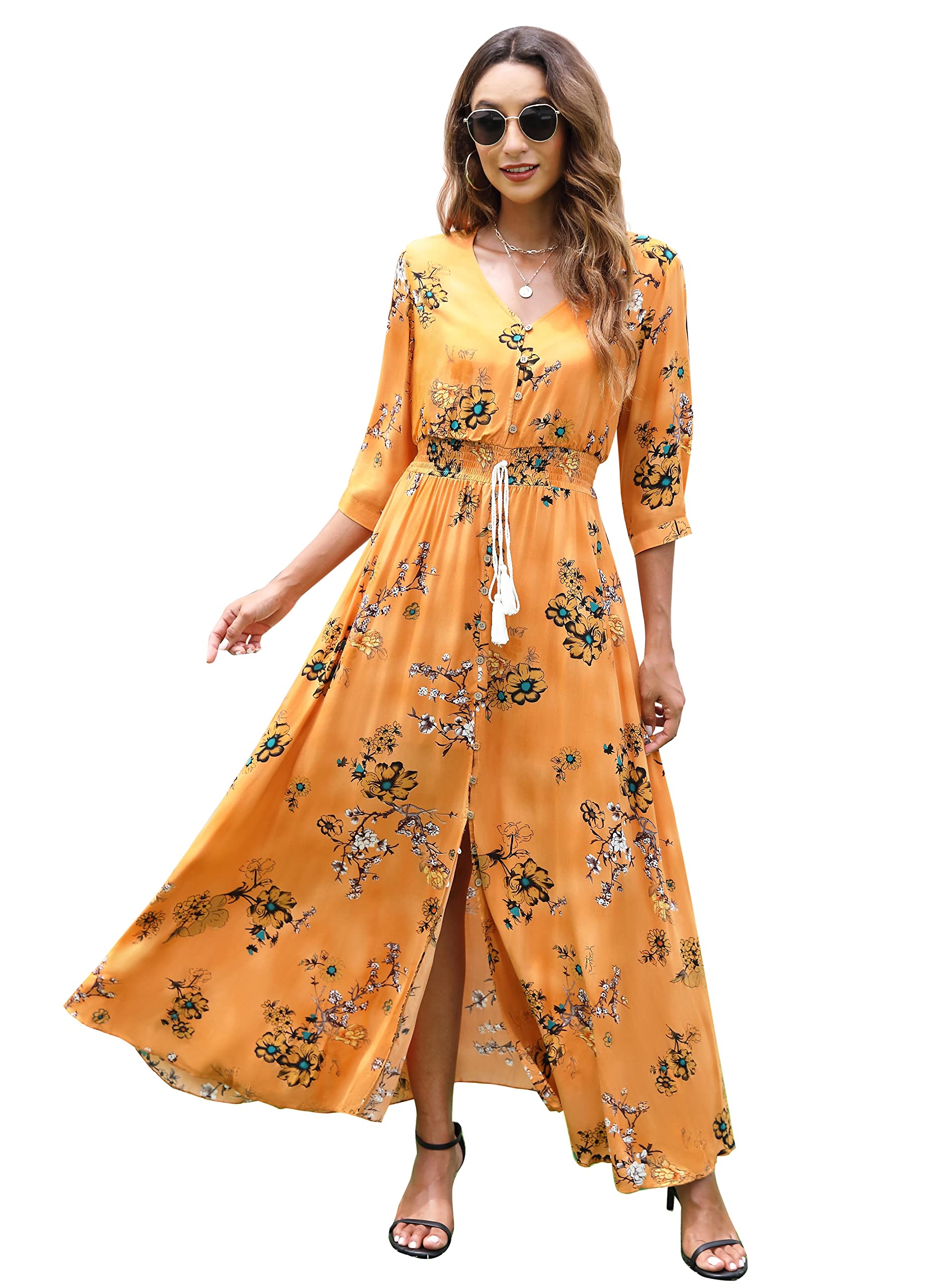 Vintage Floral Maxi Dresses for Women - Long Sleeve Boho Beach Dress with Flowy Design | Perfect for Summer Vacations, Music Festivals & Boho Chic Outfits