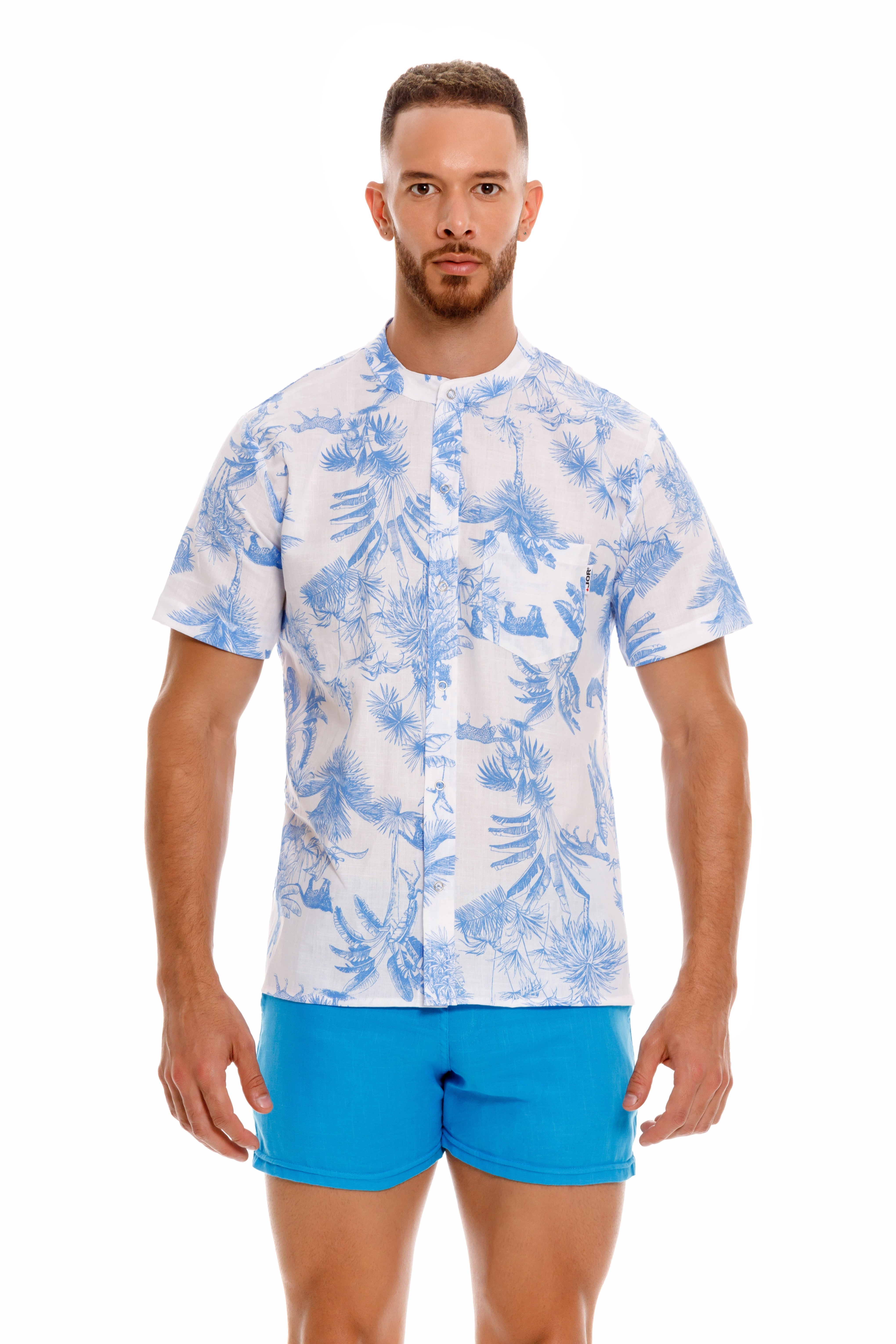 JOR Qatar Men's Short Sleeve Linen Shirt - Floral Blue Pattern - Breathable Summer Casual Wear for Beach & Outdoor Activities