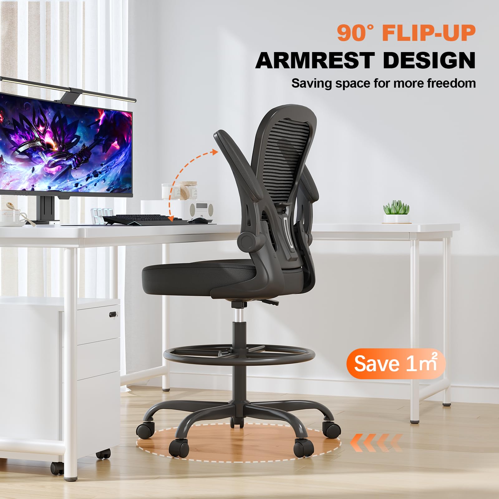 Synorla Ergonomic Drafting Chair - Adjustable Height Office Chair with Flip-Up Armrests, Breathable Mesh Back & Lumbar Support, Footrest Ring for Standing Desks - Perfect for Home Office, Studio & Architectural Workstations
