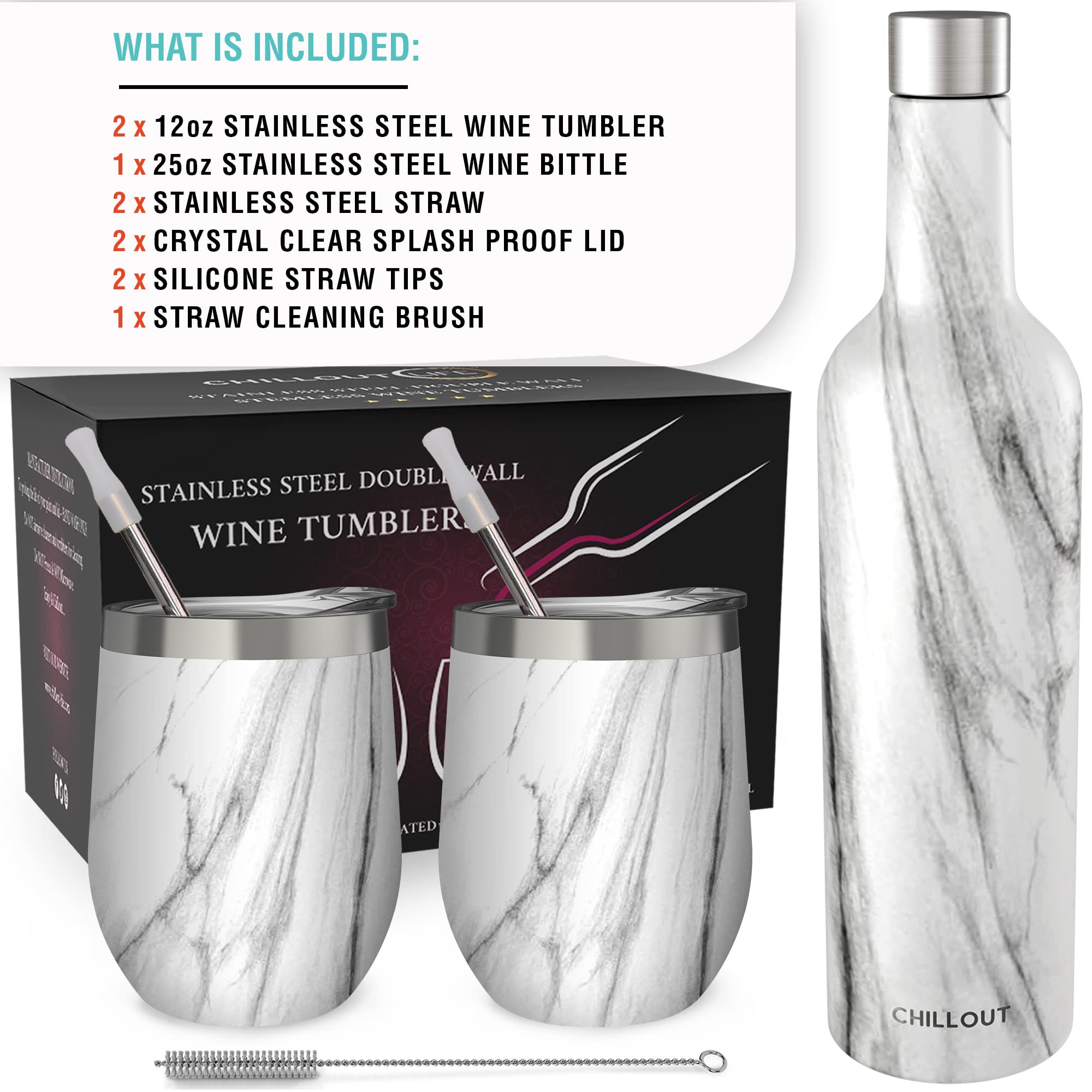 CHILLOUT LIFE 12 oz Stainless Steel Wine Tumblers (2-Pack) & Insulated Wine Bottle Set - Double Wall Vacuum Insulated Cups with Lids & Straws - Carrara Marble Design - Perfect for Picnics, Beach Parties & Outdoor Wine Tasting