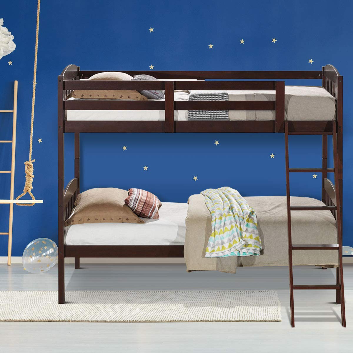 Espresso Twin Bunk Bed with Ladder - Space Saving Wooden Bunk Bed for Kids, Teens & Guest Rooms - Perfect for Small Bedrooms, Dorms & Vacation Homes