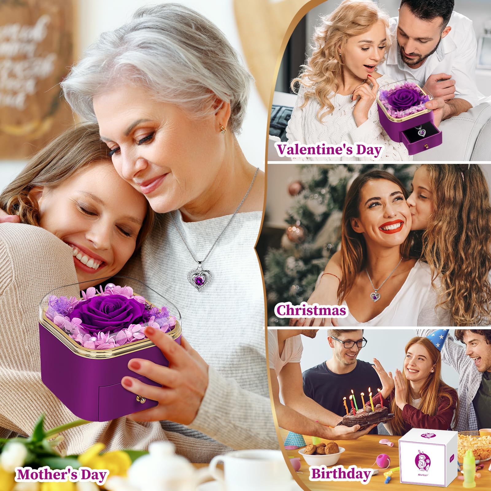 Real Preserved Rose with Heart Necklace - Romantic Eternal Flower Gift for Women, Girlfriend, Wife, Mom, Grandma - Birthday, Anniversary, Christmas Present - Perfect for Special Occasions & Keepsakes (Purple)