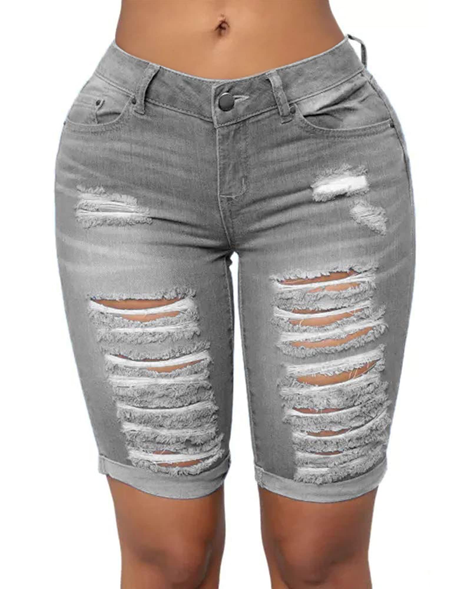 Roswear Women's Distressed Denim Shorts - Stretchy Ripped Knee-Length Jean Shorts for Summer Casual Wear, Beach Outings & Street Style Fashion
