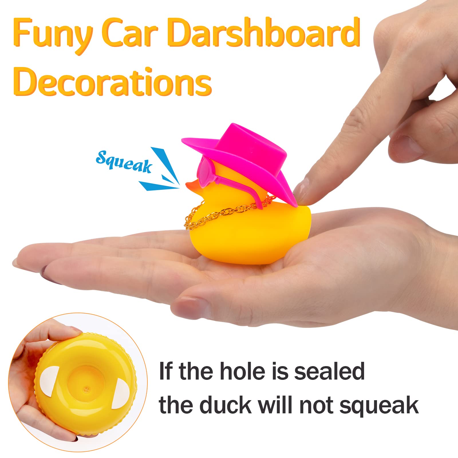 Wonuu Rubber Duck Car Dashboard Decoration - Cute Mini Duck Ornament with Flower Hat, Swim Ring, Necklace & Sunglasses (Red Heart Glasses & Pink Spot Hat) - Fun Car Accessory for Dashboard Decor, Gift Idea