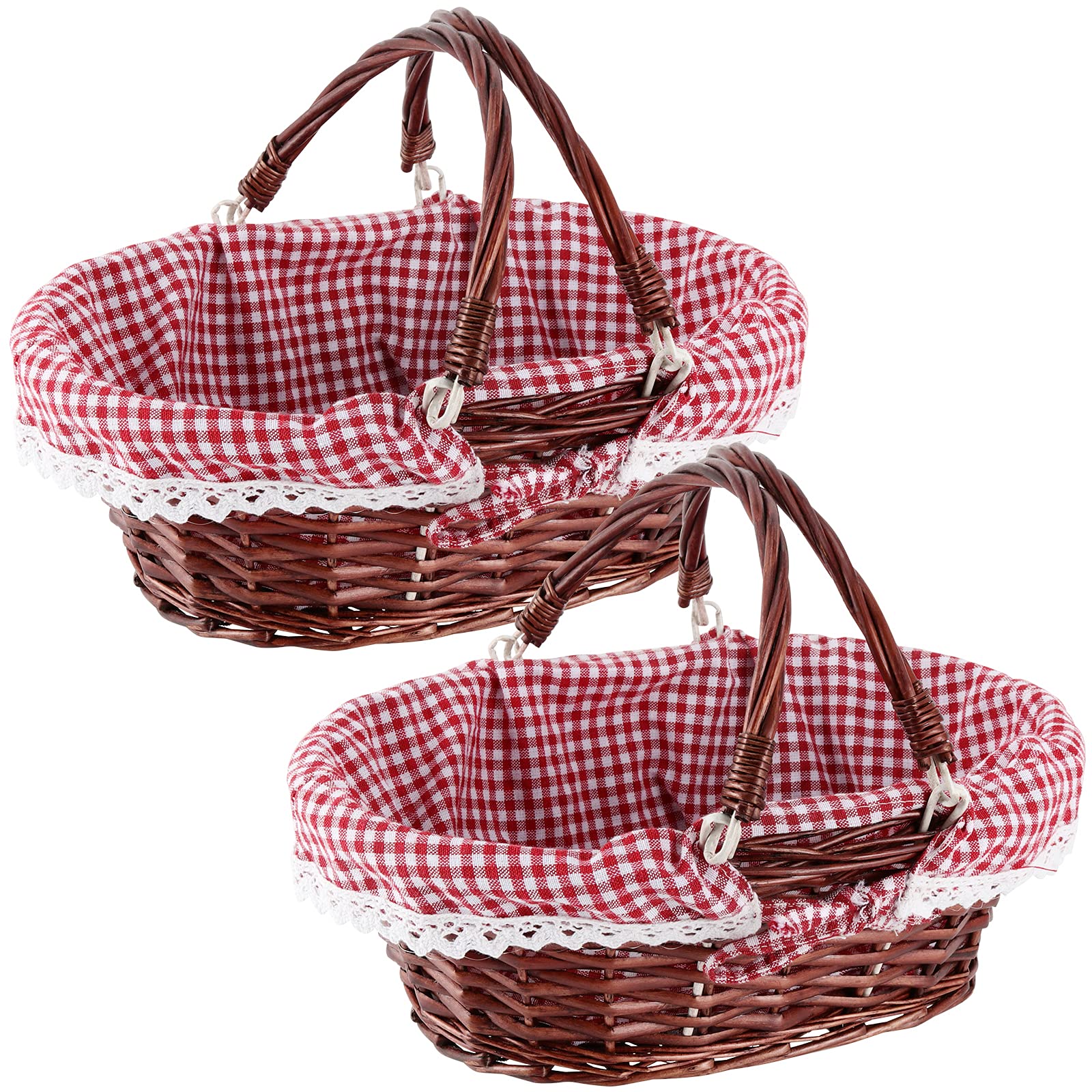 2 Pack Brown Wicker Easter Baskets - Handwoven Willow Storage Baskets with Double Folding Handles & Washable Gingham Liner - Perfect for Easter Egg Hunts, Candy Storage, Fruit Display, Toy Organization & Picnic Supplies