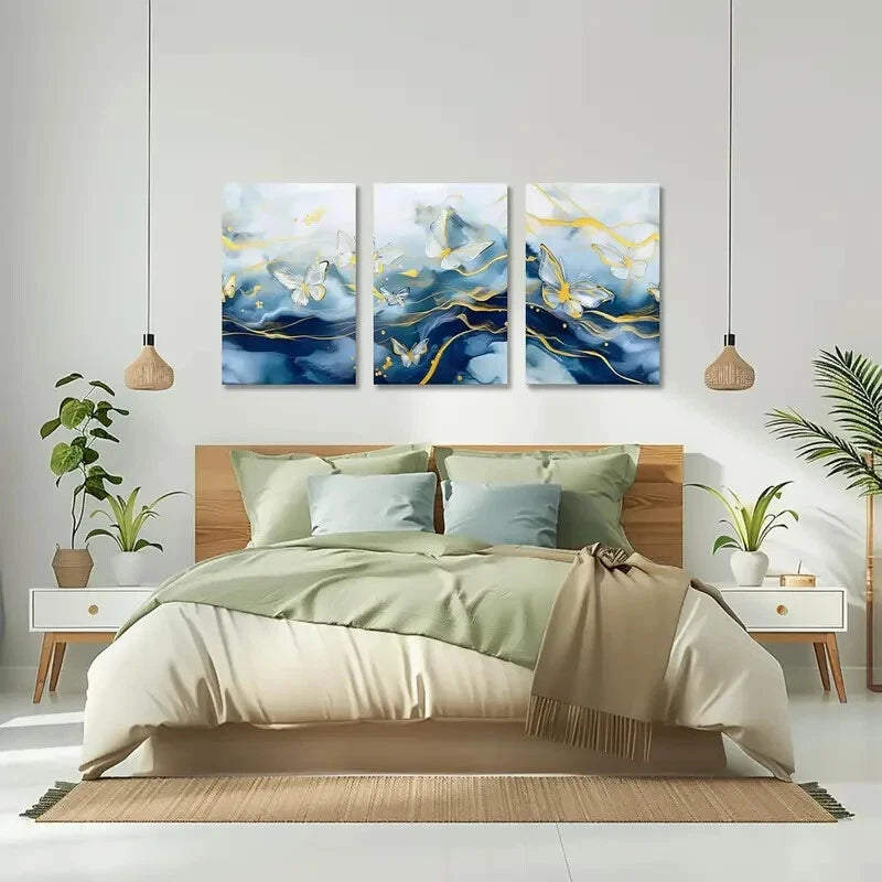 3-Piece White and Gold Butterflies on Blue and White Metal Wall Art - Ready to Hang Home Decor for Living Room, Bedroom, or Office
