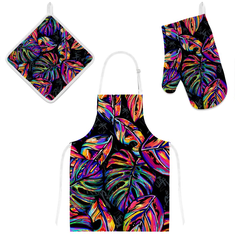 Colorful Tropical Palm Tree Apron with Oven Mitt & Pot Holder Set - Perfect for Summer BBQs, Beach Parties & Hippie-Themed Kitchen Decor