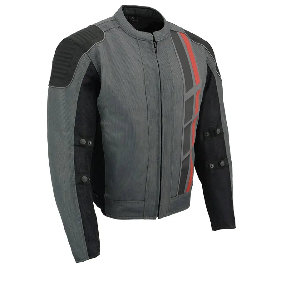 First MFG Co. Men's Black & Grey Mesh Armored Racing Jacket with Reflective Racing Stripes - Lightweight Motorcycle Gear for Street & Track Riding