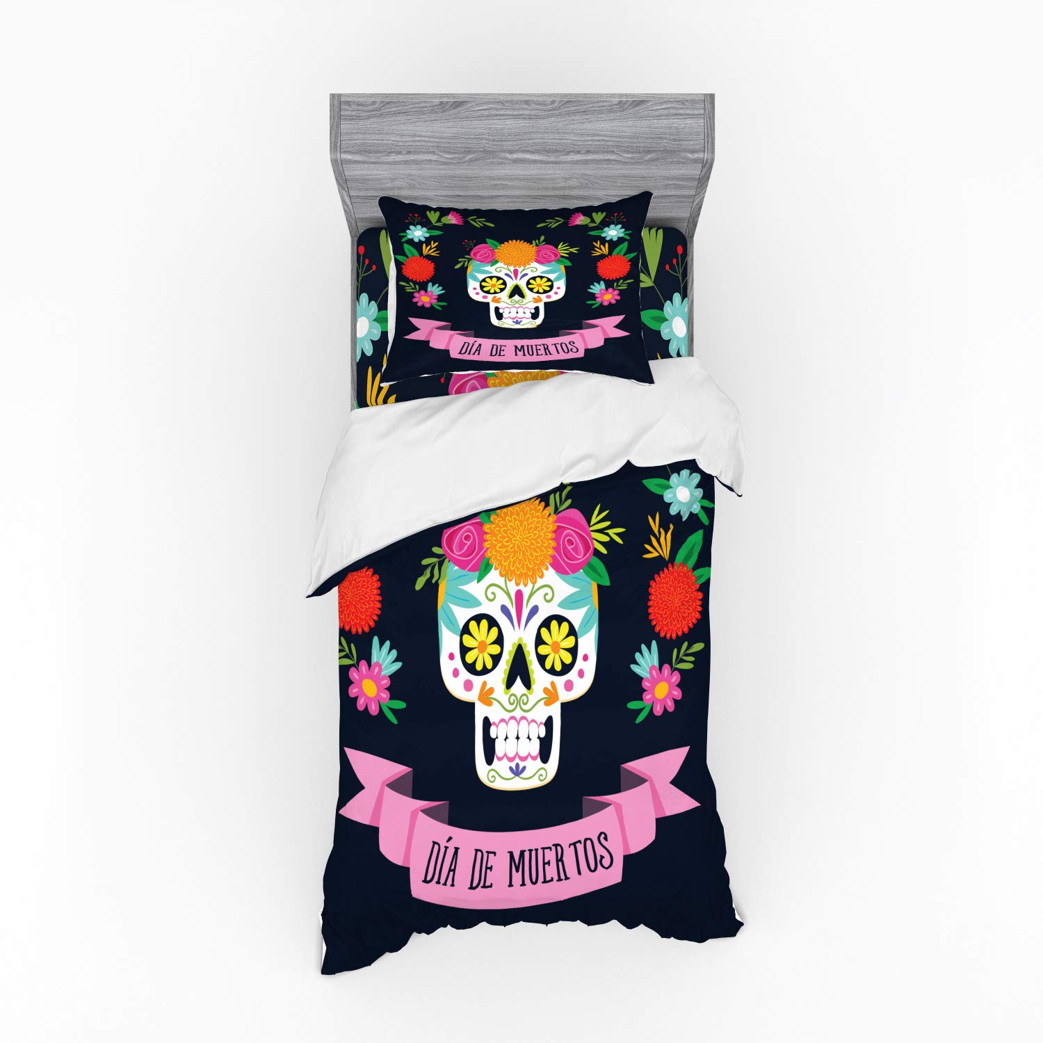 Ambesonne Sugar Skull 3-Piece Duvet Cover Set - Day of the Dead Floral Wreath Design, Twin XL Size, Navy Blue & Multicolor - Perfect for Halloween, Dia de los Muertos Decor & Bohemian Bedroom Style