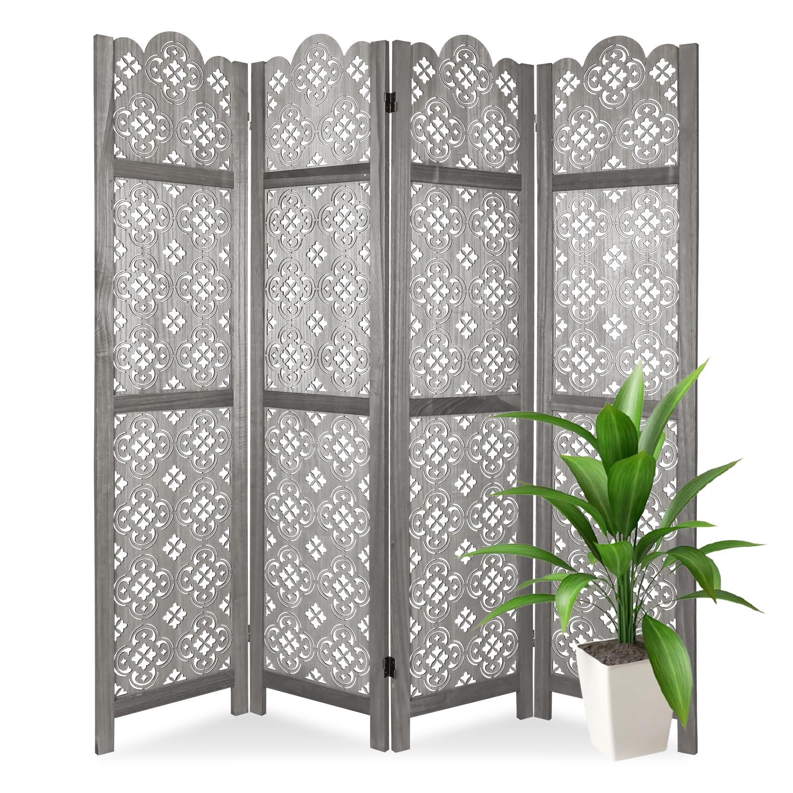 Babion 4 Panel Wooden Room Divider - Portable Folding Privacy Screen with Cutout Engraving for Office, Bedroom, Living Room | Perfect for Home Office Setup, Studio Partitions & Creating Private Spaces