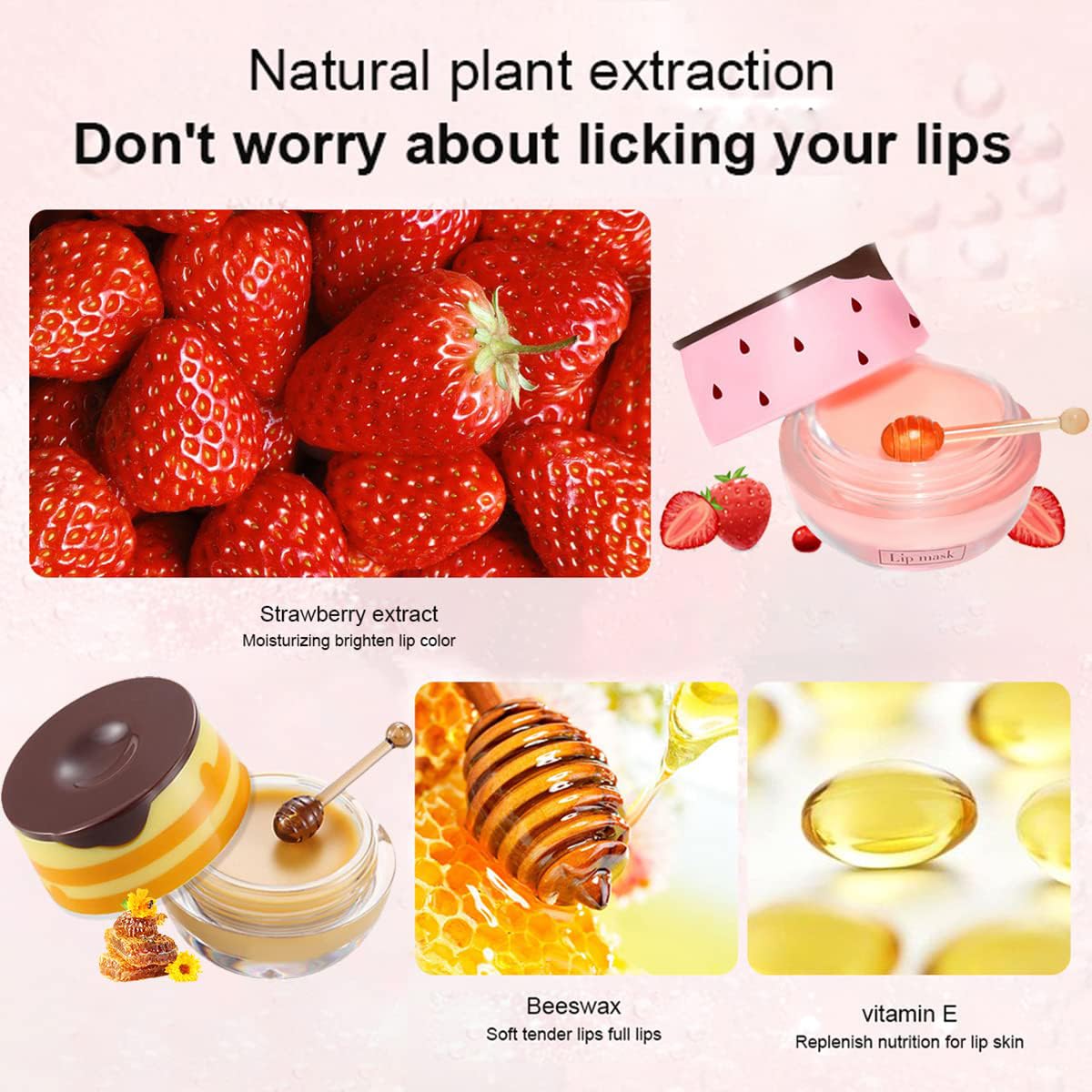4PCS Strawberry & Bee Lip Balm Honey Pot - Vitamin E & Propolis Sleeping Lip Mask for Dry, Cracked Lips - Reduces Lip Lines & Exfoliates - Perfect for Nighttime Lip Care & Hydration