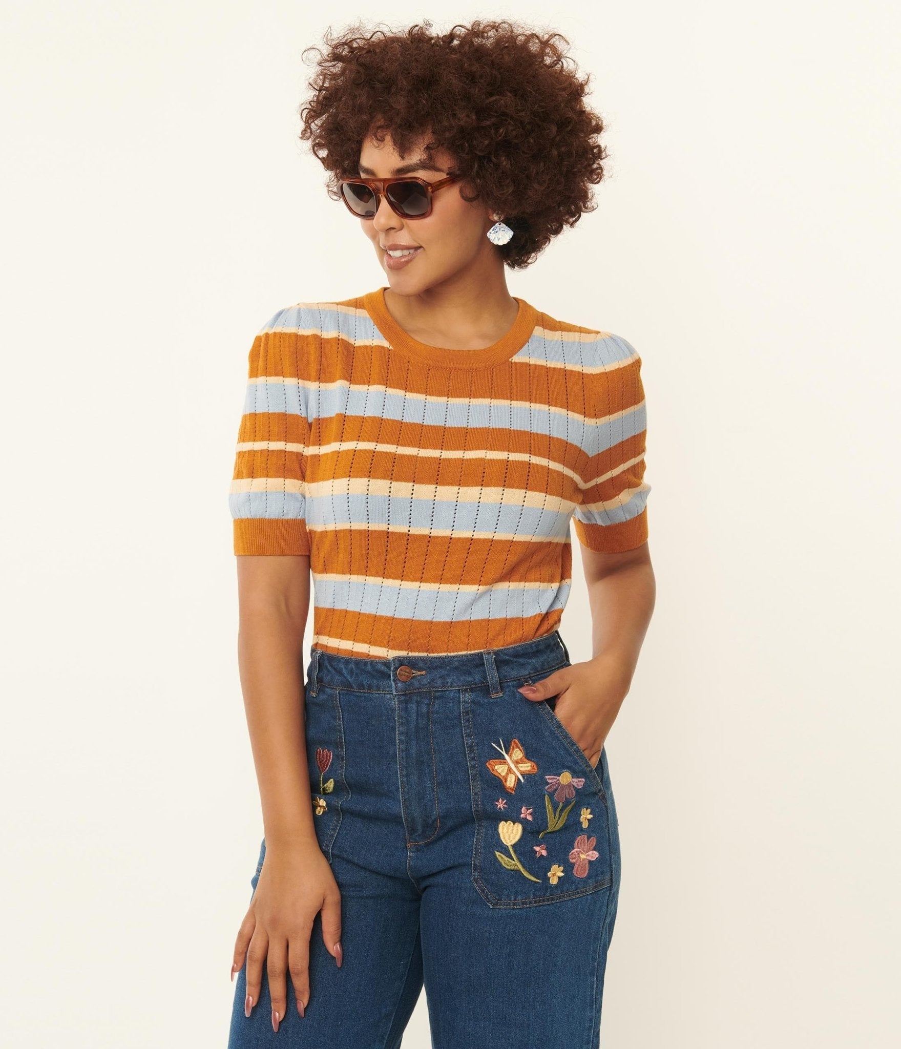 Light Blue & Saffron Striped Knit Top for Women | Casual Chic T-Shirt | Perfect for Spring Outfits & Weekend Wear
