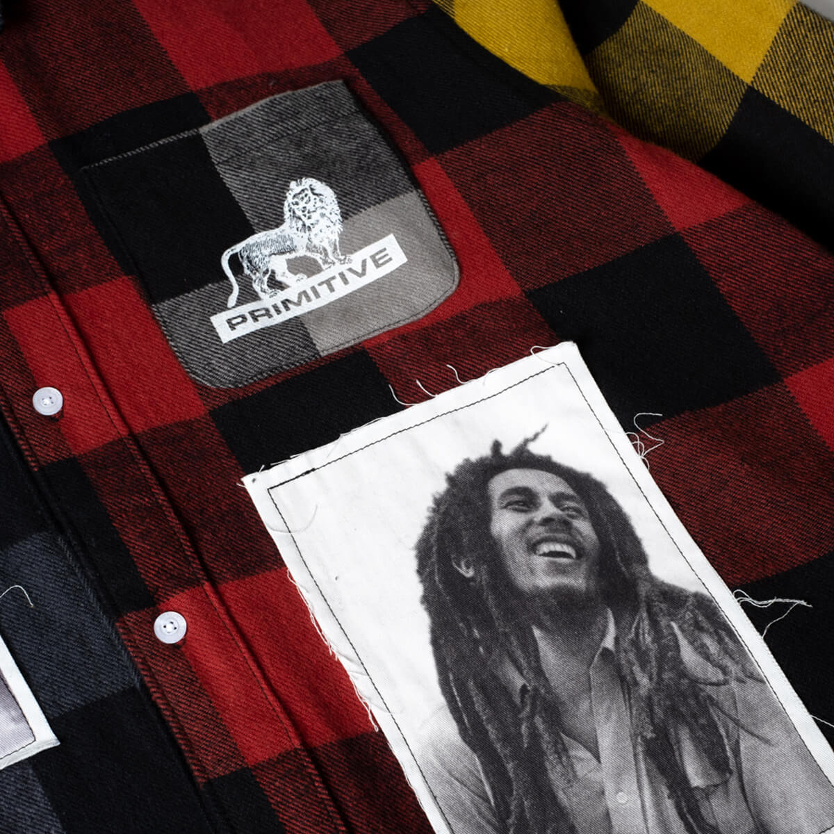 Primitive x Bob Marley Patchwork Flannel Shirt - Vintage Style Men's Casual Button Up Shirt - Perfect for Streetwear, Music Festivals & Everyday Wear