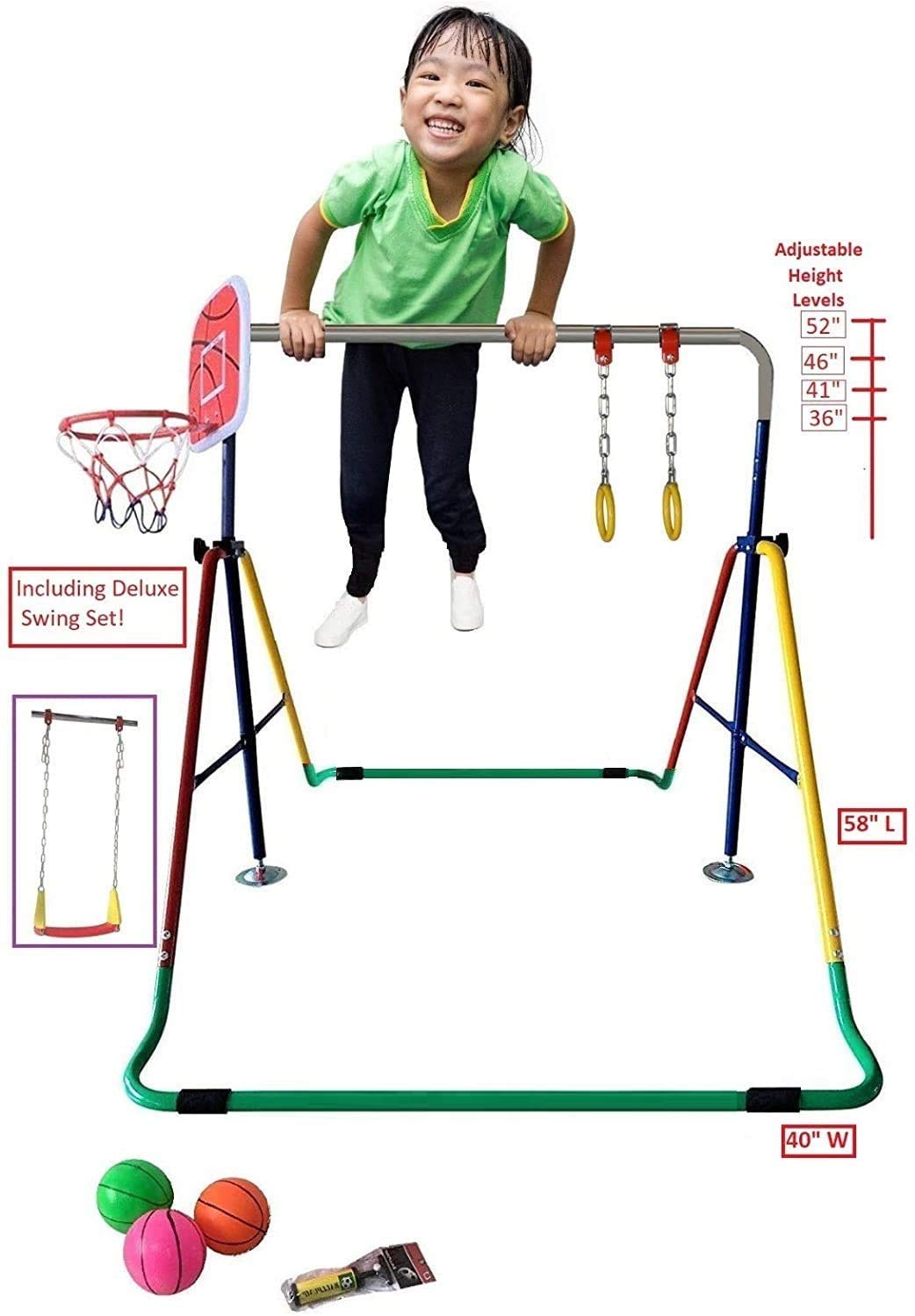 4-in-1 Kids Jungle Gym Set - Adjustable Monkey Bars, Swing Set, Trapeze Rings & Basketball Net - Foldable Horizontal Gymnastics Playground Equipment for Backyard, Indoor & Outdoor Kids Activities