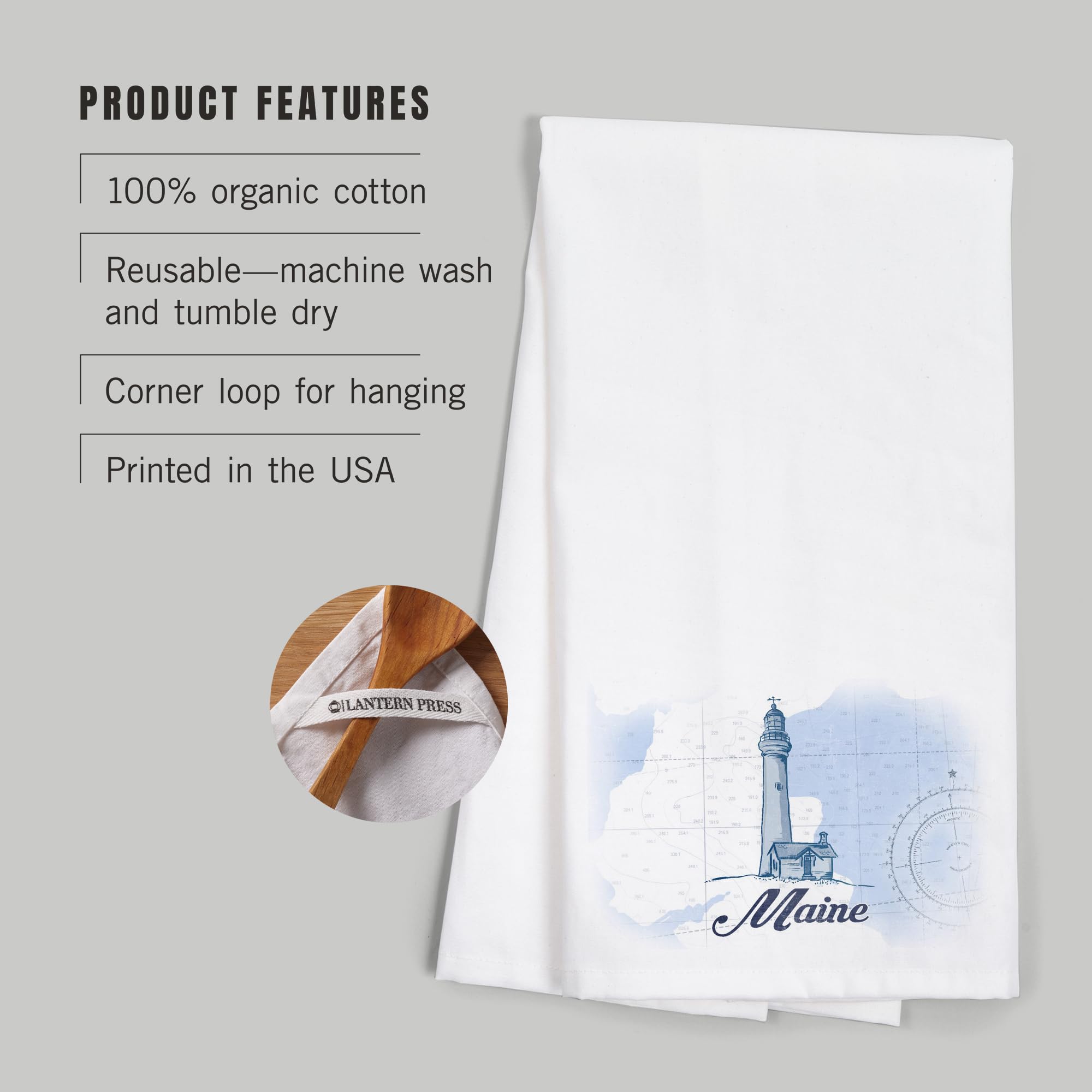 Lantern Press Maine Lighthouse Blue Coastal Icon - 100% Cotton Tea Towel & Decorative Hand Towel for Kitchen, Bathroom & Home Decor | Perfect for Coastal-Themed Kitchens, Beach House Decor & Gift Giving