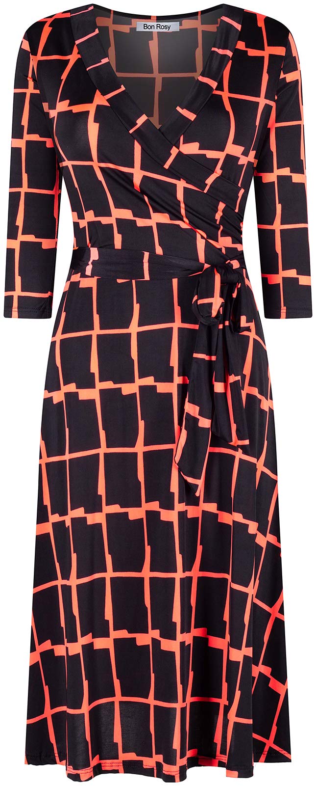 Women's Made in USA 3/4 Sleeve Faux Wrap Midi Dress - Knee Length Summer Wedding Guest Dress for Party, Bridal Shower, Baby Shower & Maternity Nursing - Fuchsia - Perfect for Formal Events, Office Wear & Special Occasions