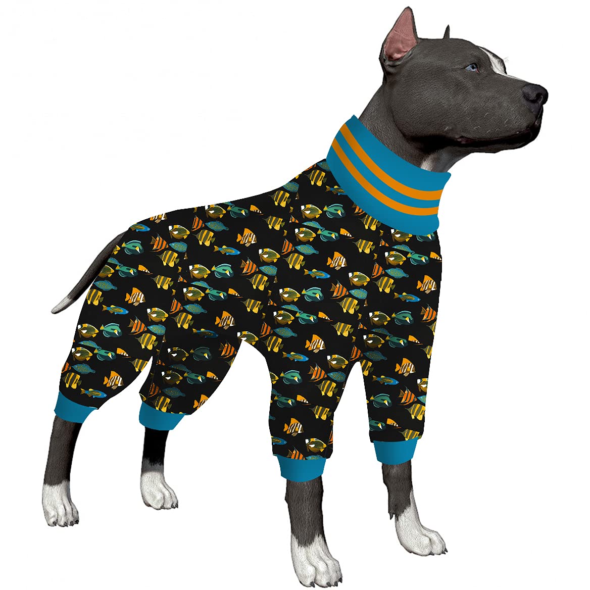 LovinPet Large Dog Onesie - Long Sleeve UV Protection Dog Pajamas with High Collar, Stretchable Pullover Jumpsuit in Fishtopia Black Print | Perfect for Indoor Lounging, Cold Weather & Pet Photo Shoots