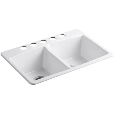 Kohler Brookfield 33-Inch Undermount Cast Iron Double Bowl Kitchen Sink - 5 Hole White | Perfect for Modern Kitchens & Heavy-Duty Cooking