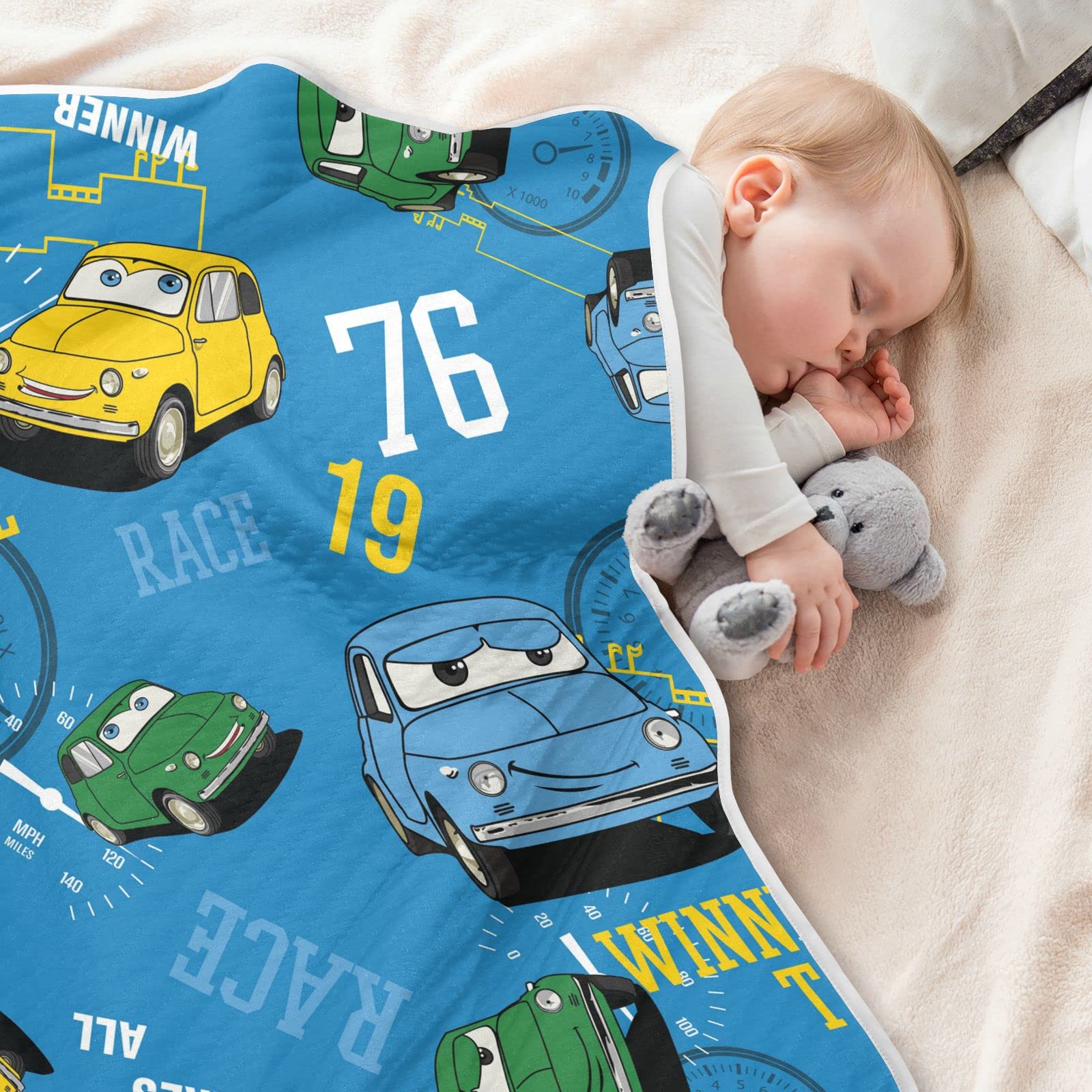 DOMIKING Cartoon Car Baby Blankets for Boys & Girls - Soft Cotton Quilted Crib Blanket for All Seasons | Cozy Sleep Throw Blanket | Perfect Newborn Gift & Nursery Decoration | Ideal for Cribs, Strollers & Playtime